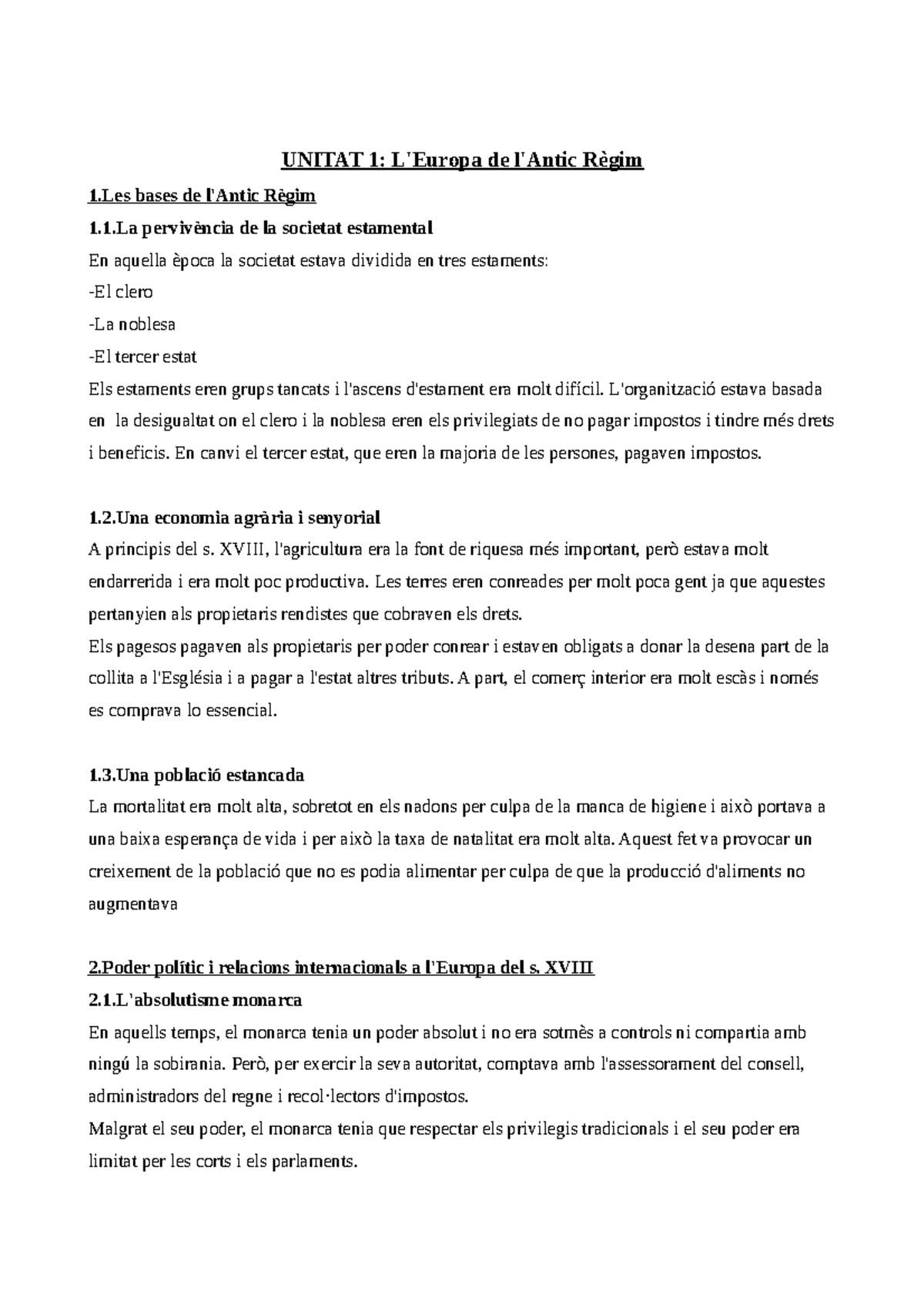 T1, T2, T4, T5 historia - resum - UNITAT 1: L'Europa de l'Antic Règim 1 ...
