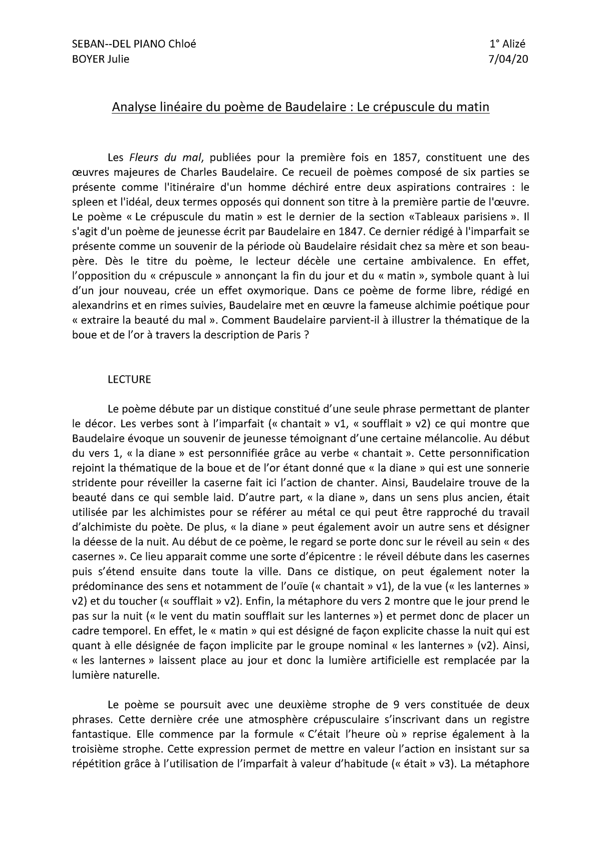 Baudelaire le crc389puscule du matin - BOYER Julie 7/04/20 Analyse ...