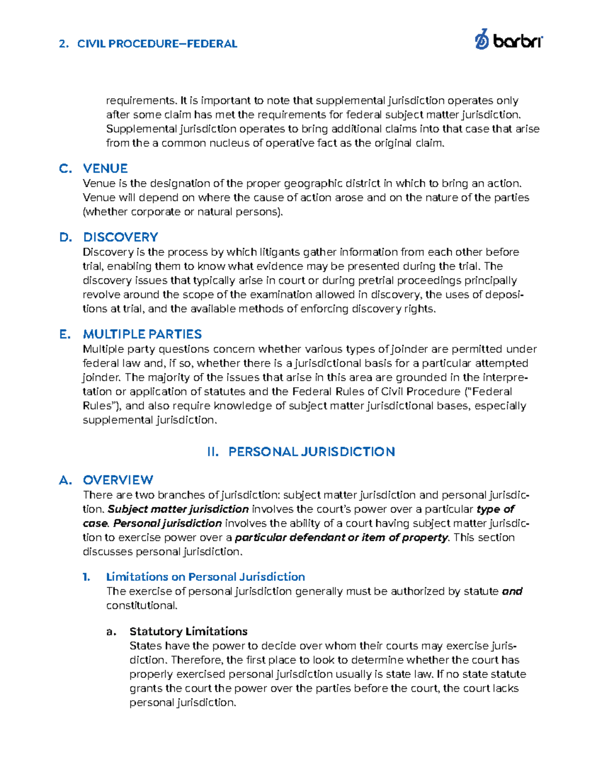 Personal jurisdiction barbri - 2. CIVIL PROCEDURE—FEDERAL requirements ...