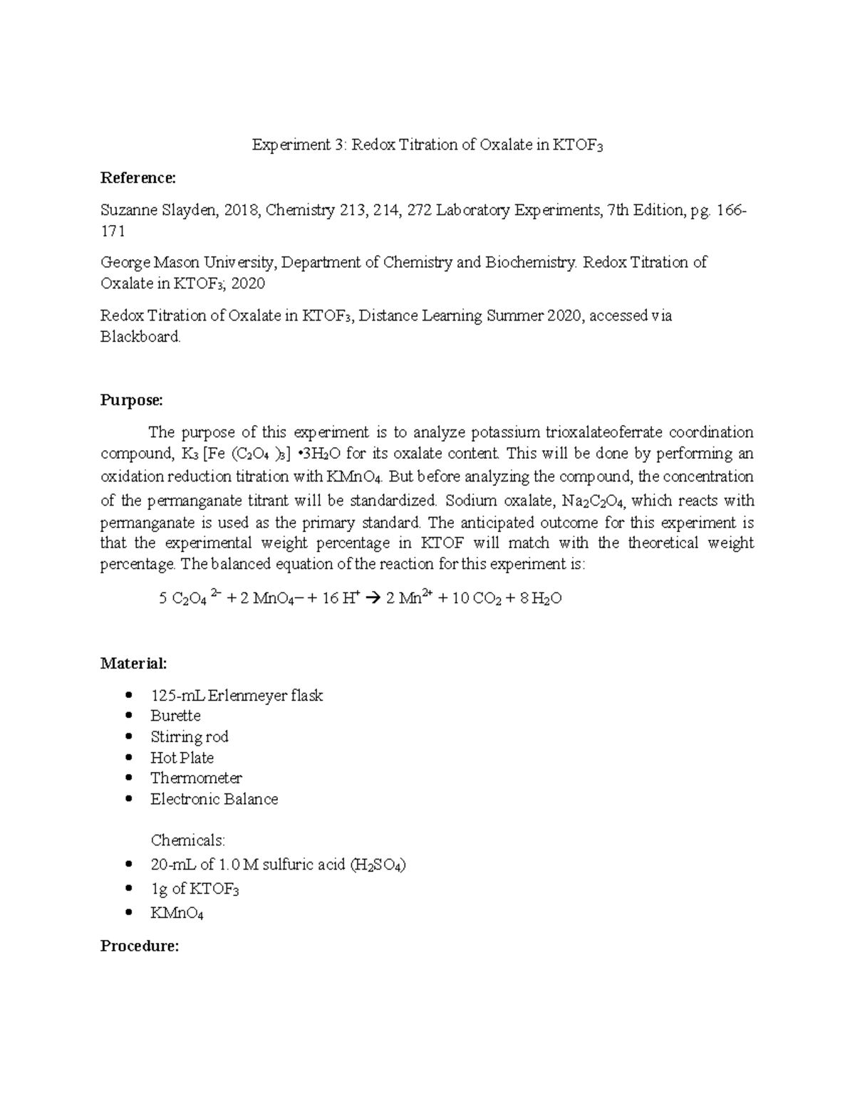 CHEM 2 LAB 4 Chemistry lab report Experiment 3 Redox Titration of