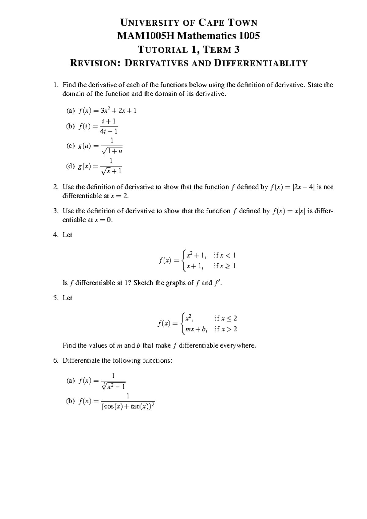 Tutorial 1 MAM1005H Term3 2024 - U NIVERSITY OF C APE T OWN MAM1005H ...