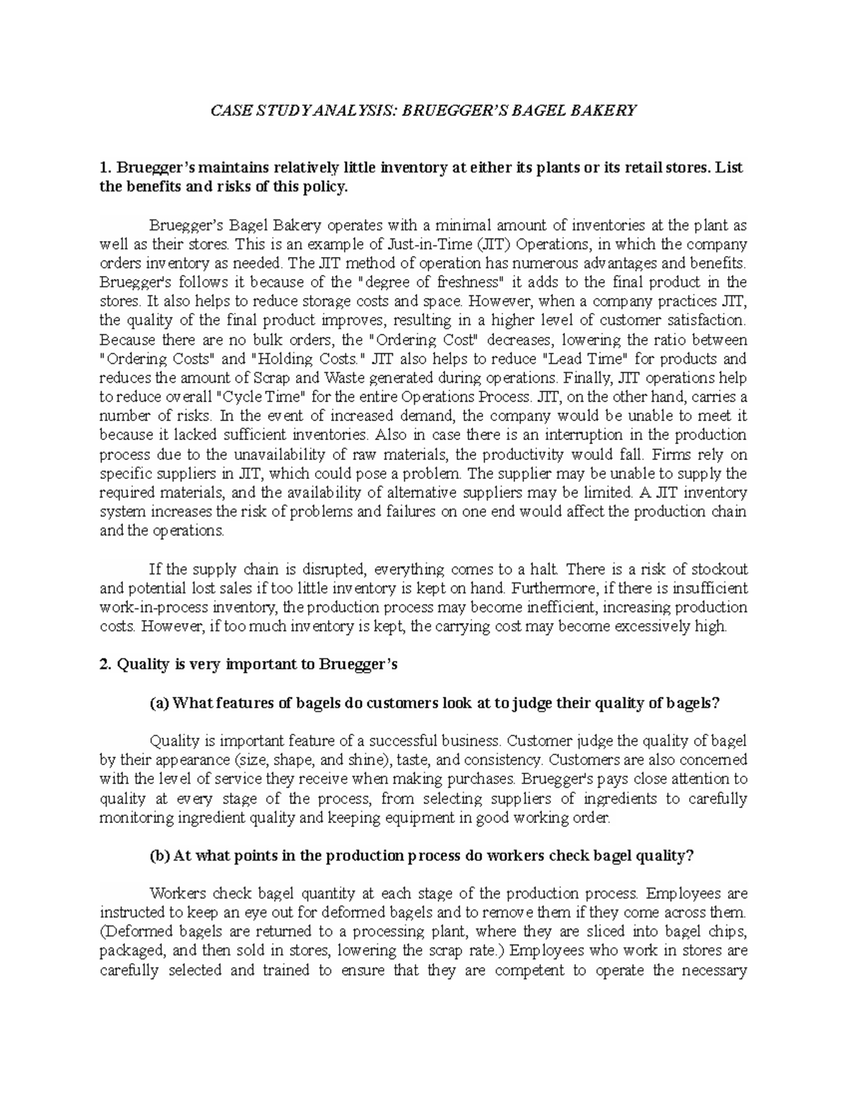 Bruegger’S Bagel Bakery CASE STUDY ANALYSIS BRUEGGER’S BAGEL BAKERY