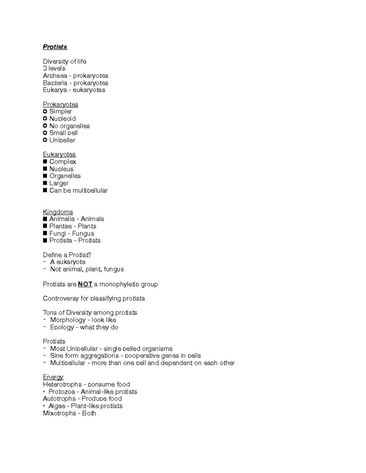 Chapter 28 (Exam 4) - In Class notes - Protists Diversity of life 3 ...