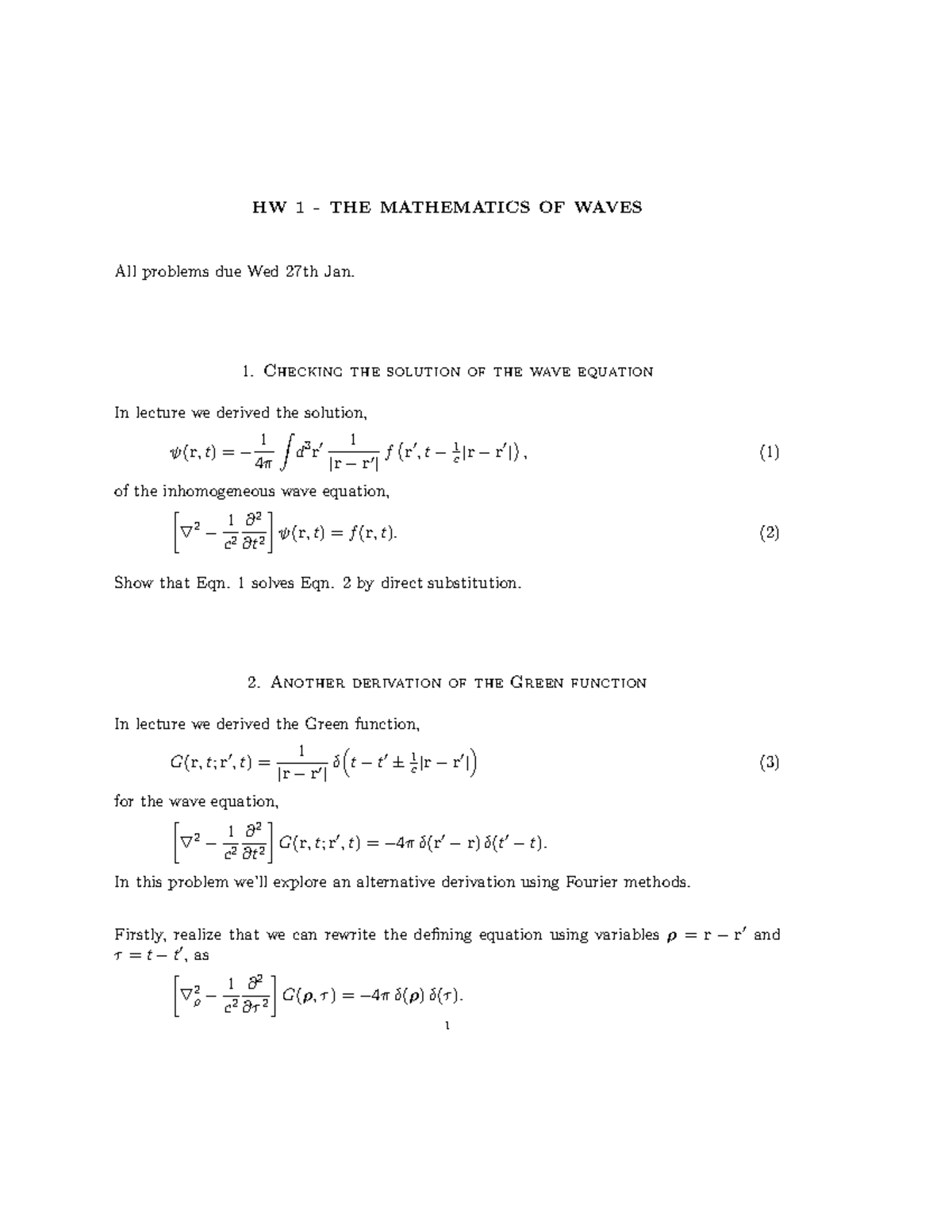 Hw 1 - 7 practice - HW 1 THE MATHEMATICS OF WAVES All problems due Wed ...