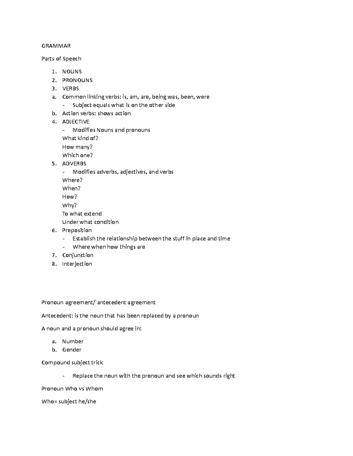 Grammar hesi - NOTES - GRAMMAR Parts of Speech NOUNS PRONOUNS VERBS a ...