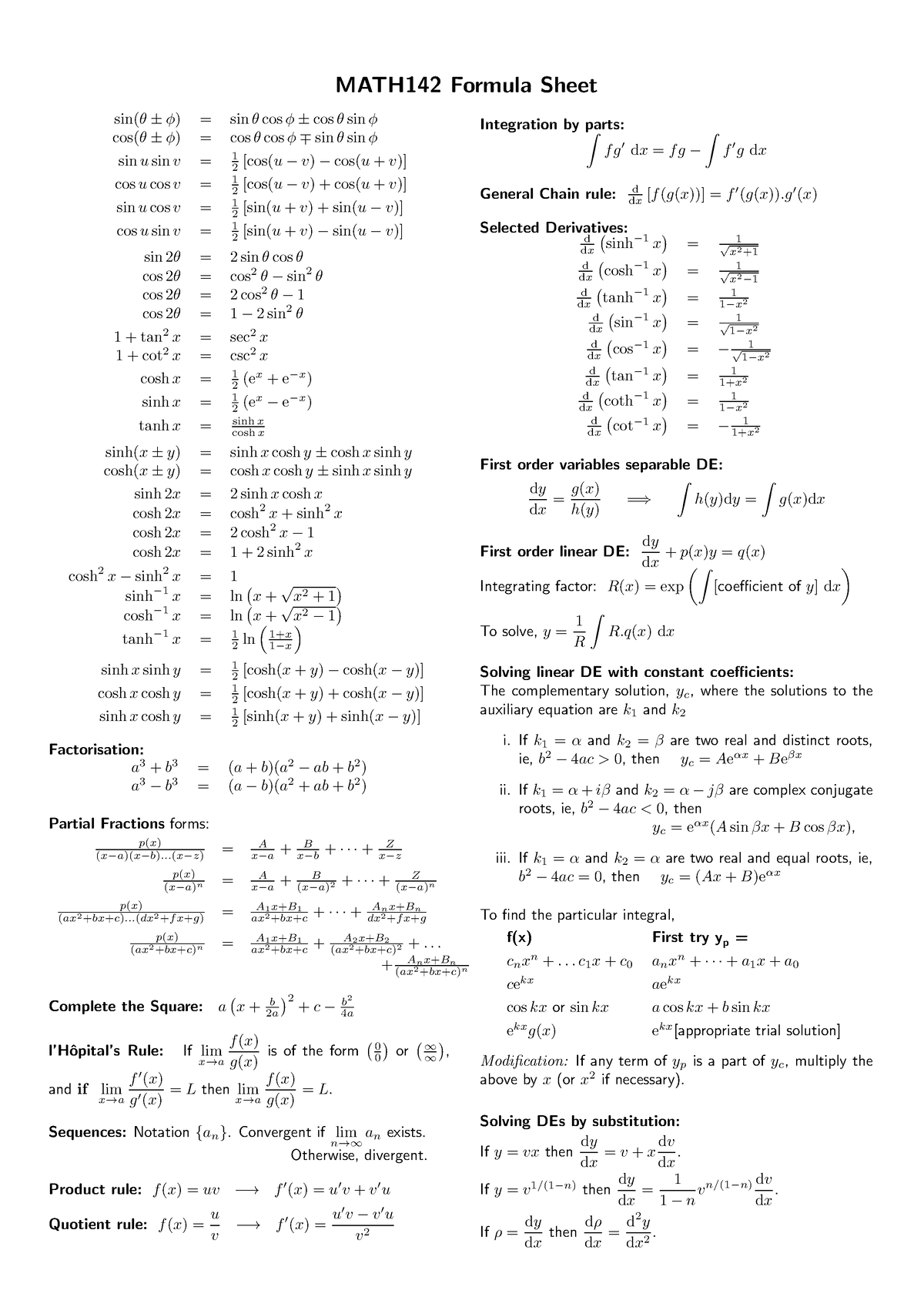 Formula Sheet for 142 - MATH142 - UOW - Studocu