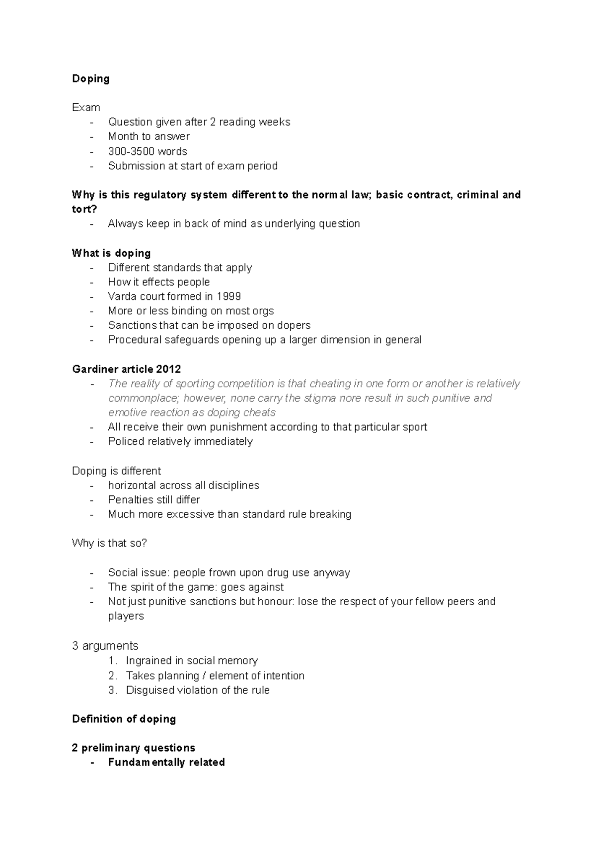 Sport Law 6 Doping 1 - Notes - Doping Exam - Question given after 2 ...
