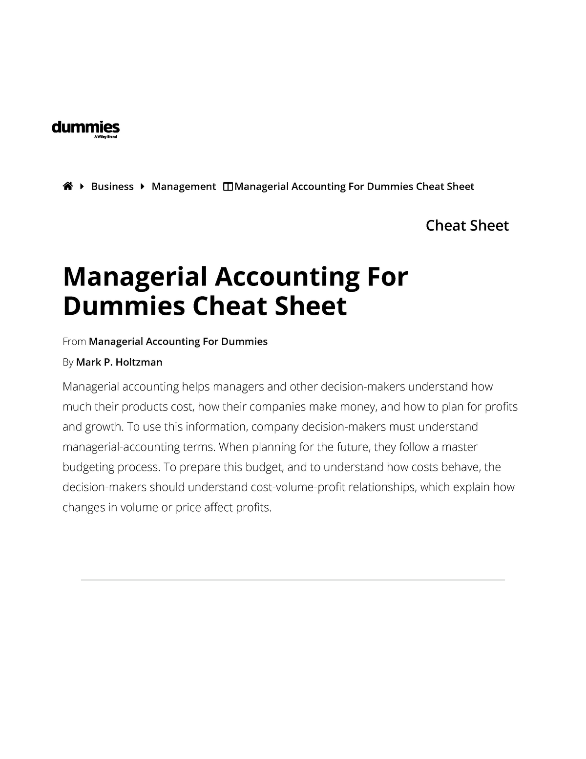 Managerial Accounting Study Notes, Cheat Sheet Management Accounting