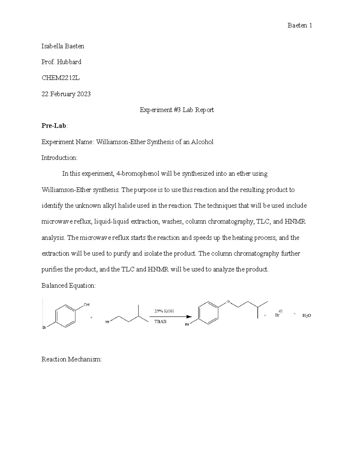 CHEM2212L Lab Report 3 - Isabella Baeten Prof. Hubbard CHEM2212L 22 ...