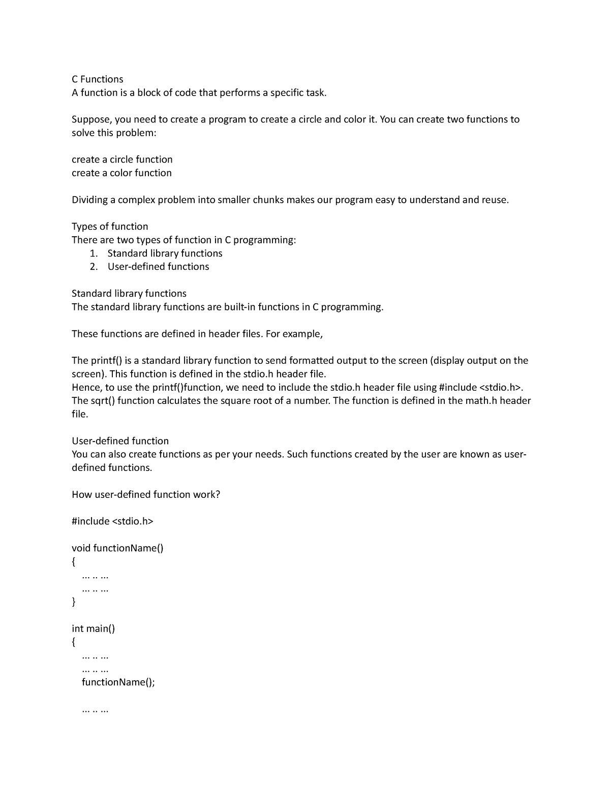 C Functions math and string command - C Functions A function is a block ...