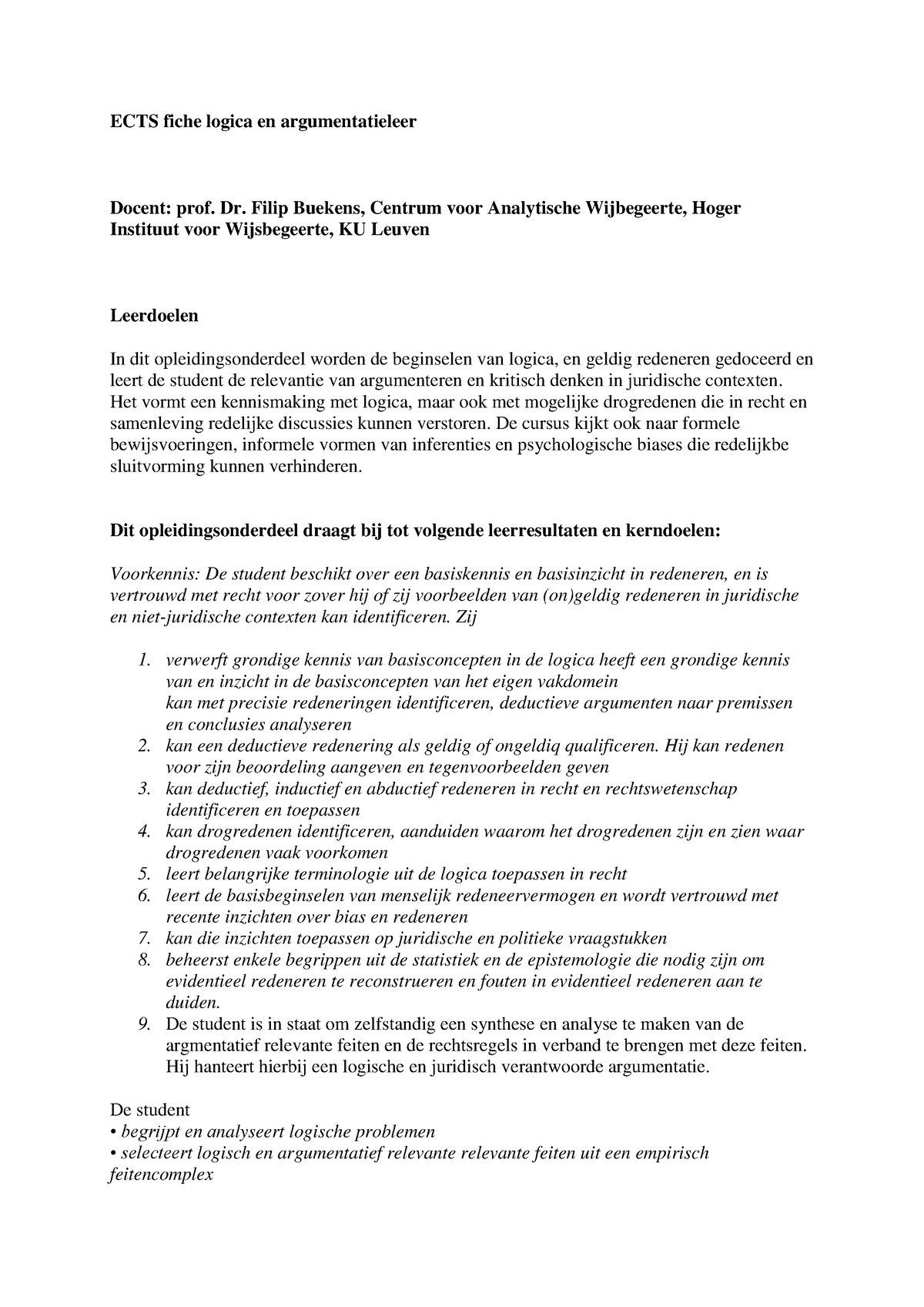 Leerdoelen Logica En Argumentatieleer - ECTS Fiche Logica En ...