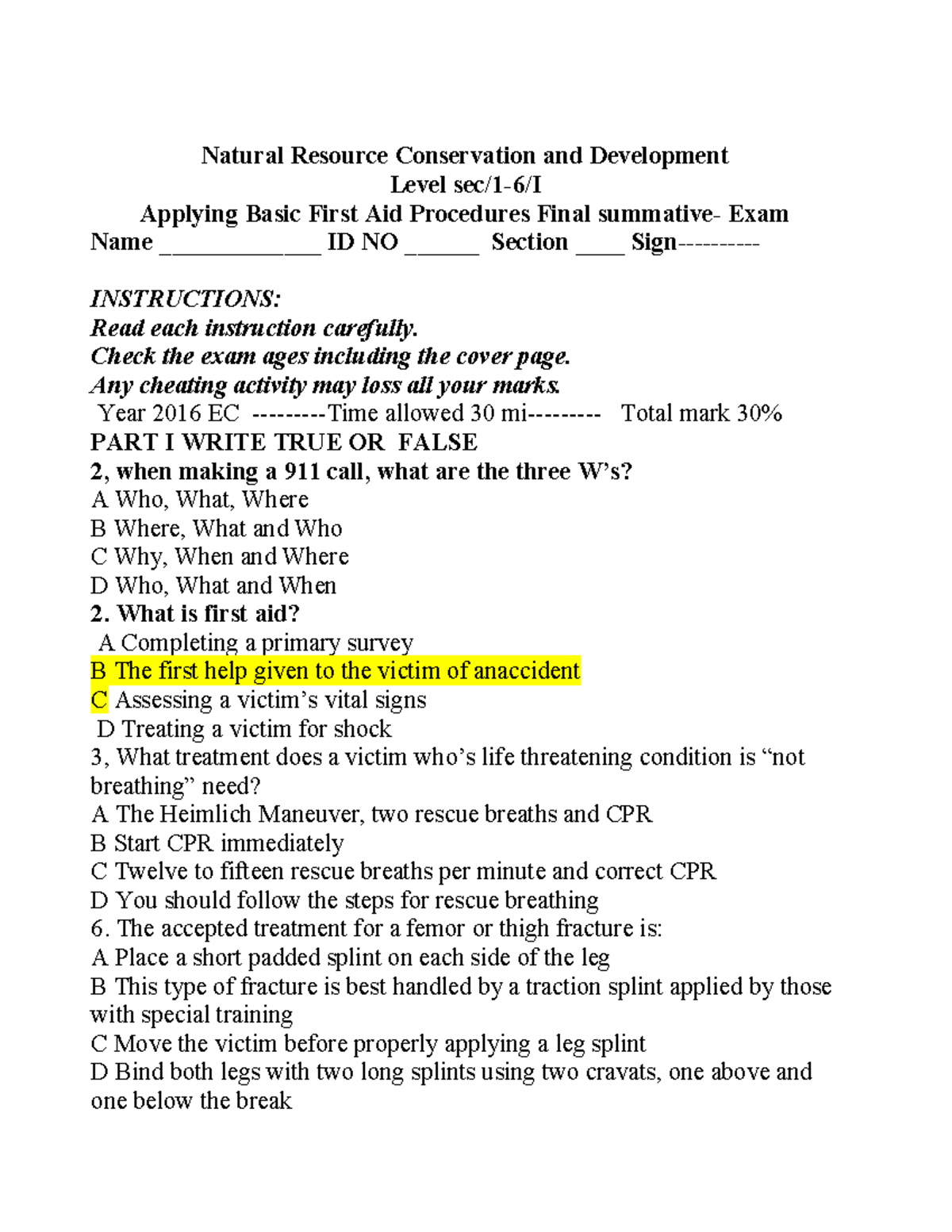First Aid exam 2016 Natural Resource Conservation and Development