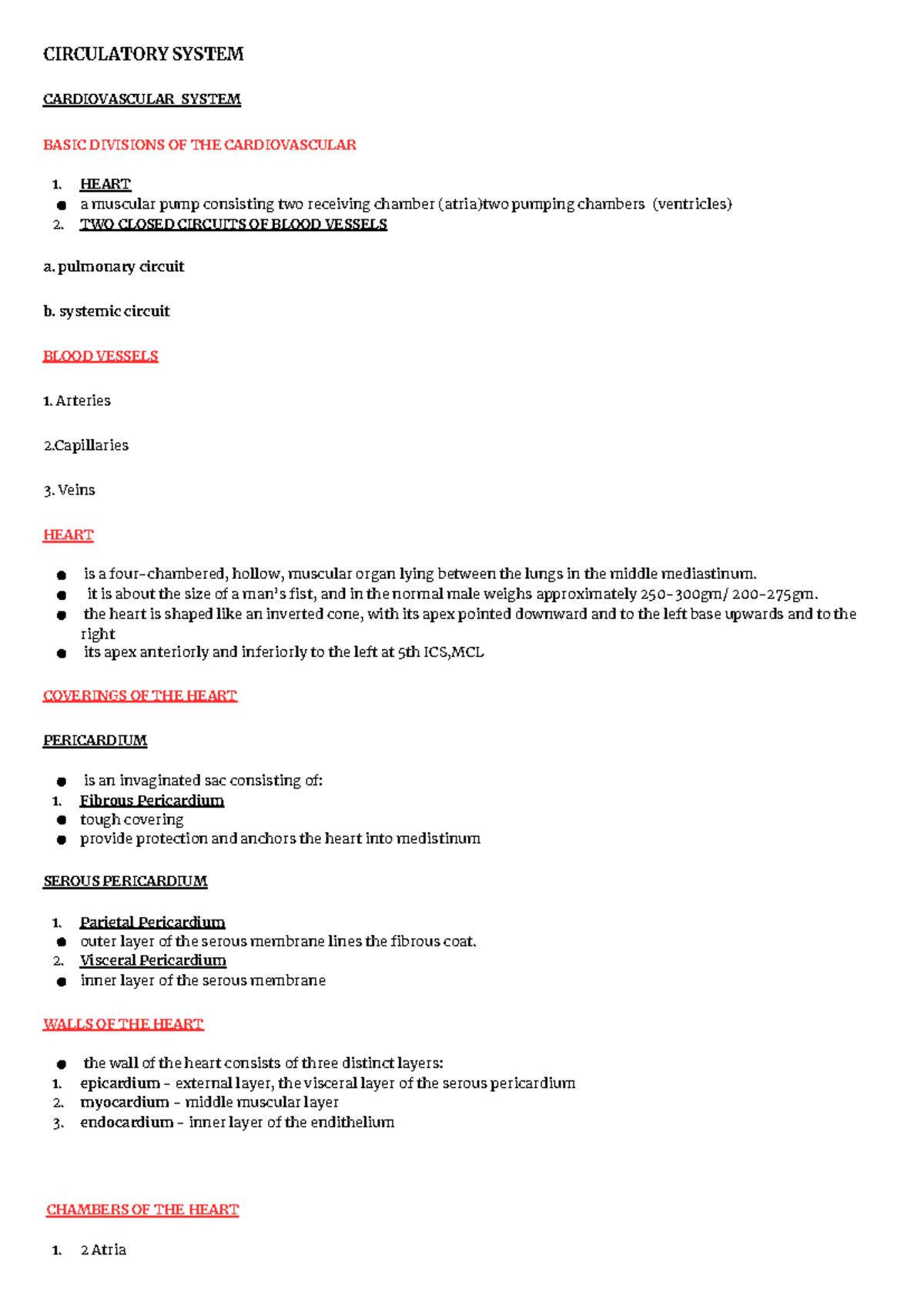 Cardio - notes - CIRCULATORY SYSTEM CARDIOVASCULAR SYSTEM BASIC ...