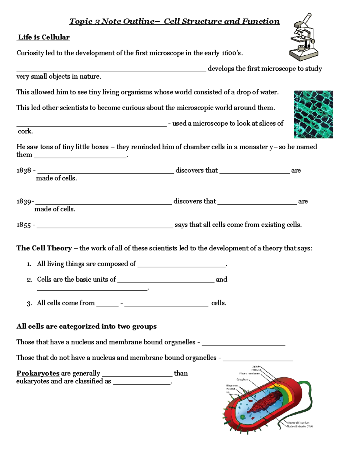 Topic 3 Note Outline - Topic 3 Note Outline– Cell Structure and ...