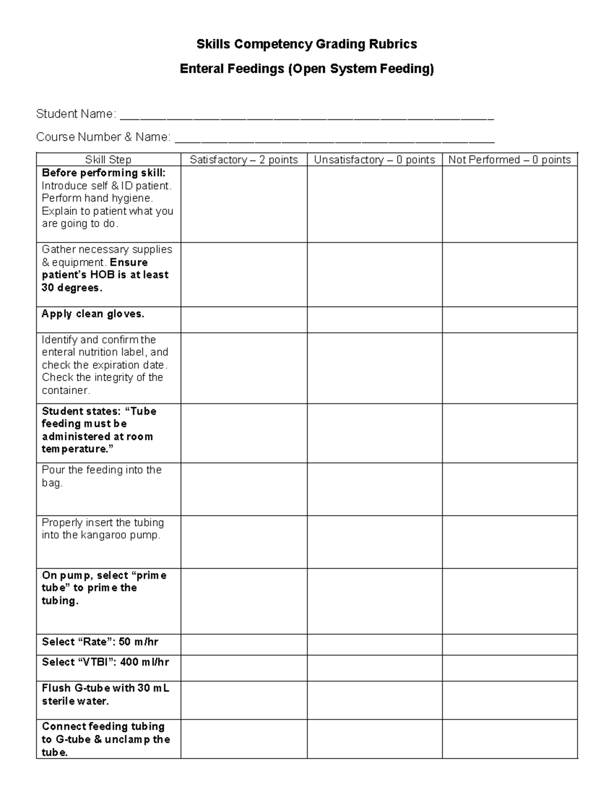 Skills Competency Enteral Feedings Grading Rubric 1 Skills Competency Grading Rubrics Enteral