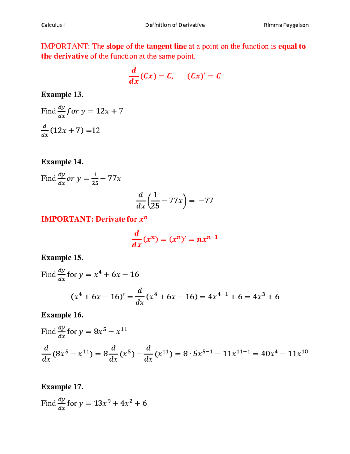 Derivate Formulas P Calculus I Definition Of Derivative Rimma Feygelson Important The