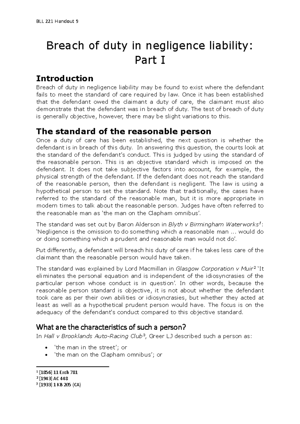 BLL 221 Handout 9 Breach of duty pt1 - Breach of duty in negligence ...