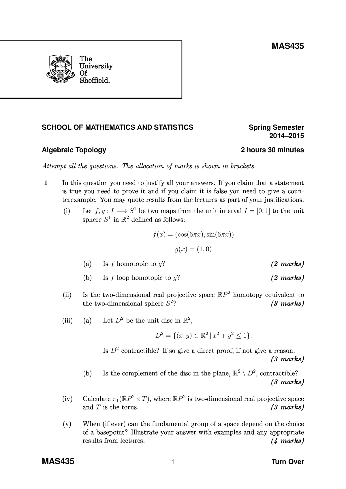 MAS 435 2014-2015 - Exam Paper - SCHOOL OF MATHEMATICS AND STATISTICS ...