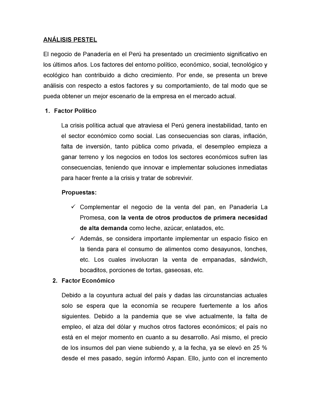 Análisis Pestel Panadería La Promesa 2 (1) - ANÁLISIS PESTEL El Negocio ...