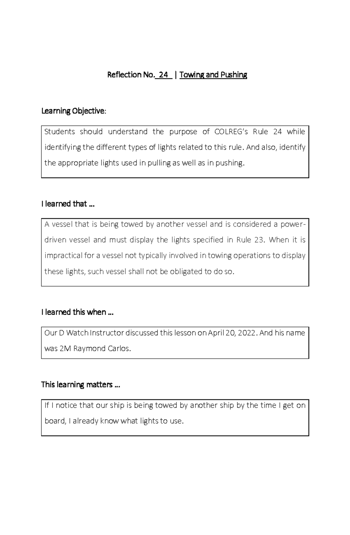 Rule 24 Reflection Reflection No._ 24 _ Towing and Pushing Learning