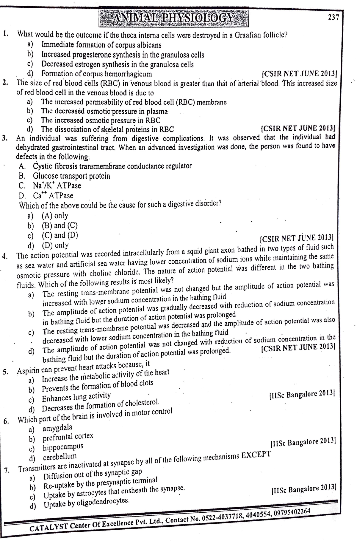 CSIR animal physiology pyq ( 2013-06) - CSIR Preparation - Studocu