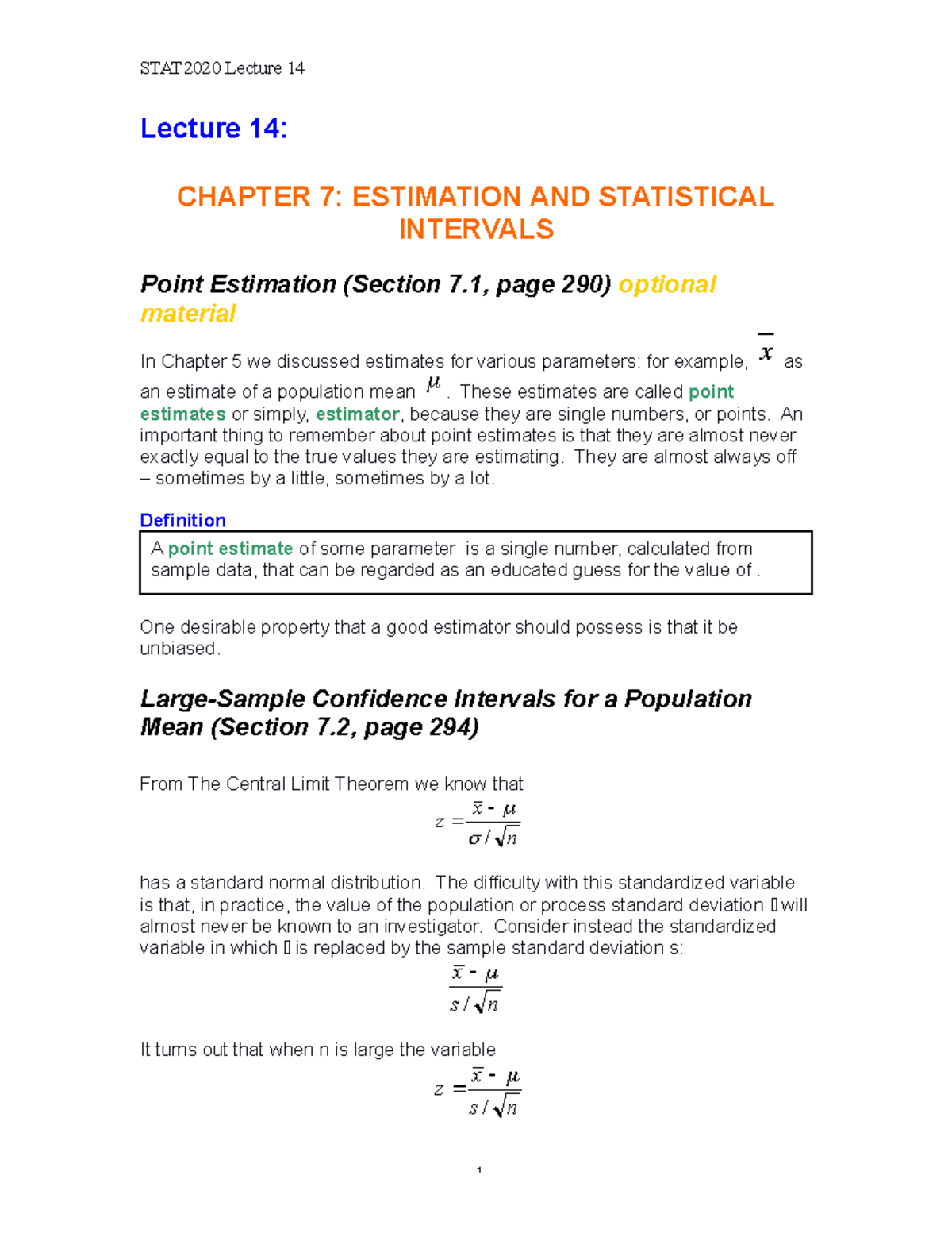 Lec14 (online) - Notes - Lecture 14: CHAPTER 7: ESTIMATION AND ...