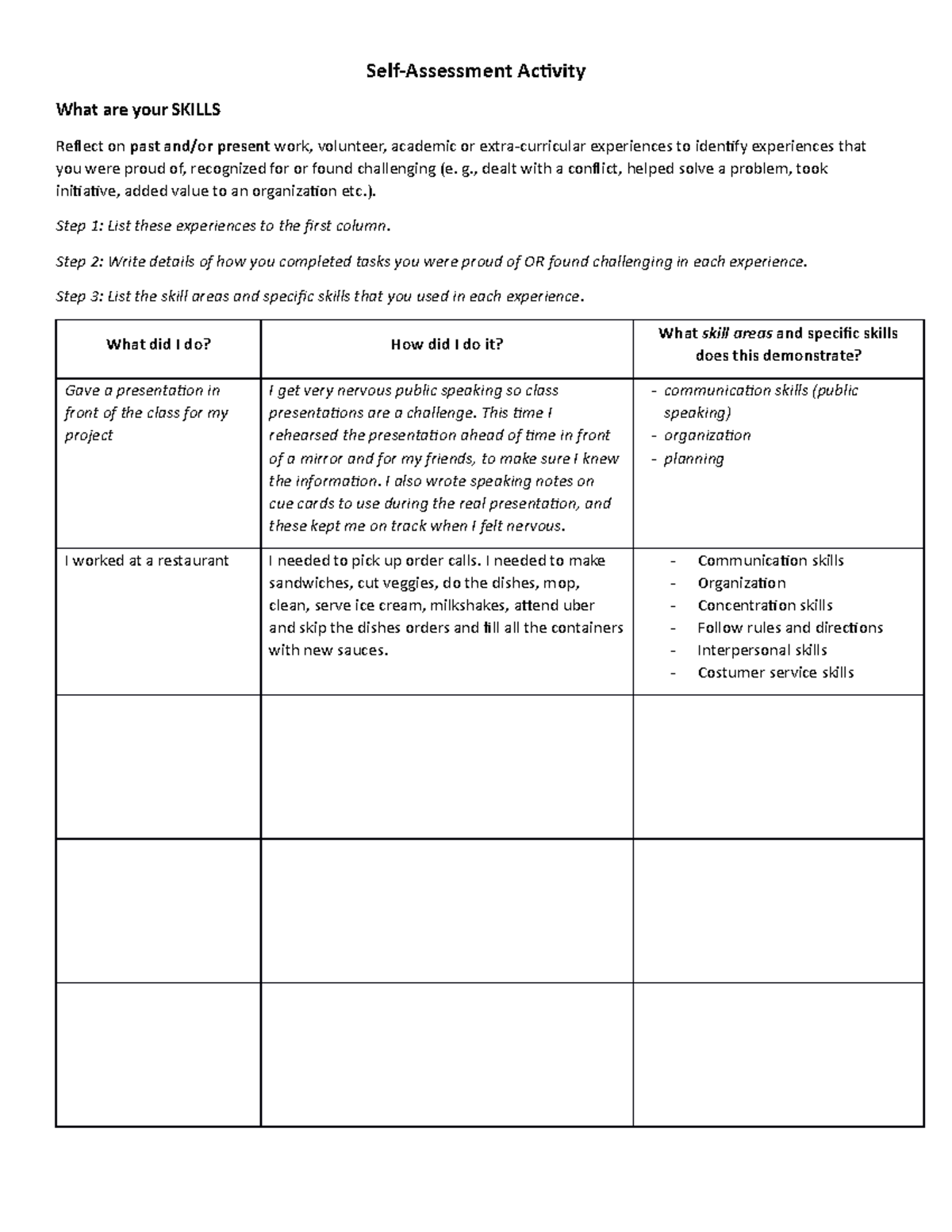Skills - Self Assessment homework, skills - Self-Assessment Activity ...