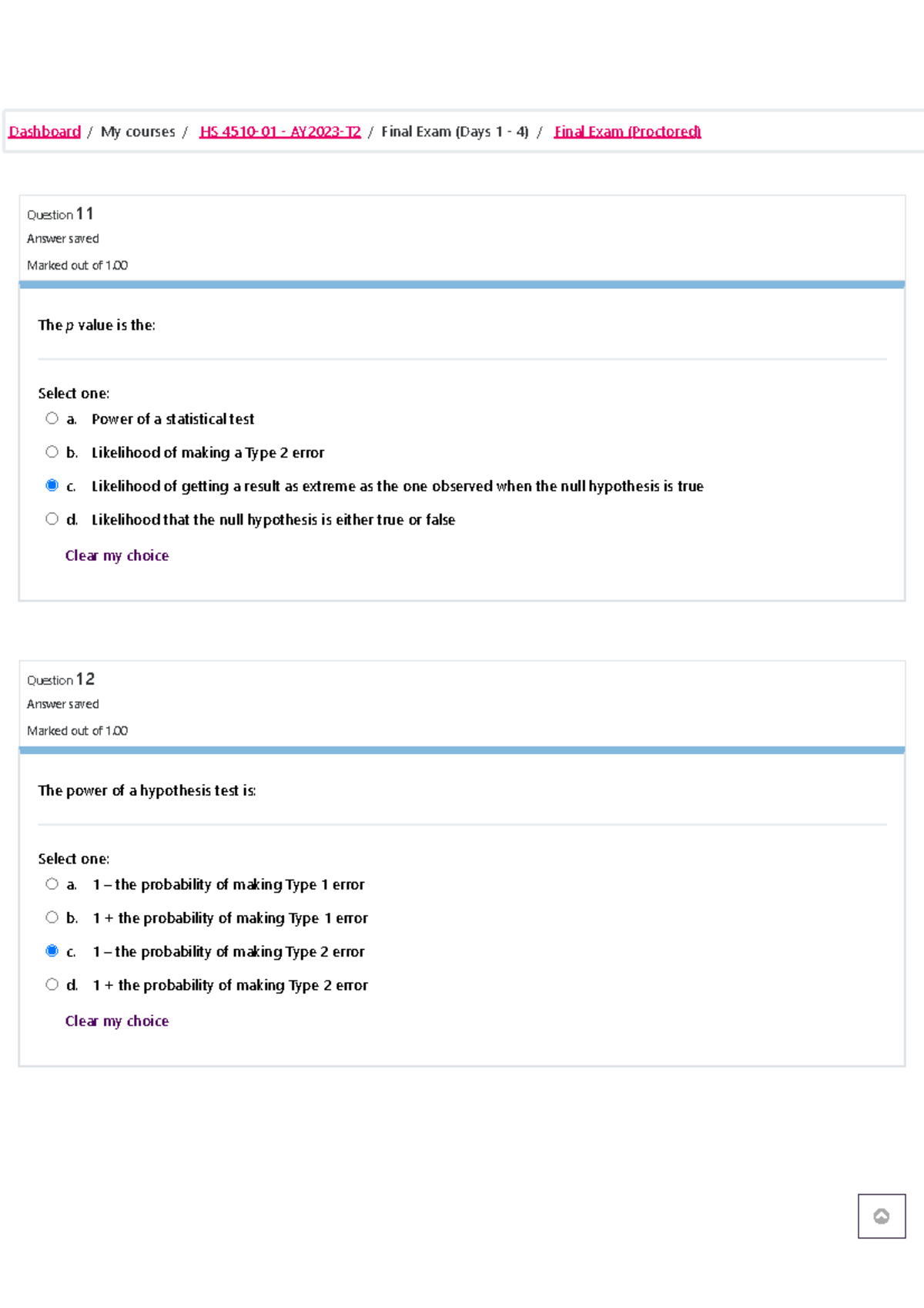 Final Exam (Proctored) (page 2 of 4) 17.5/25 Question 11 Answer saved