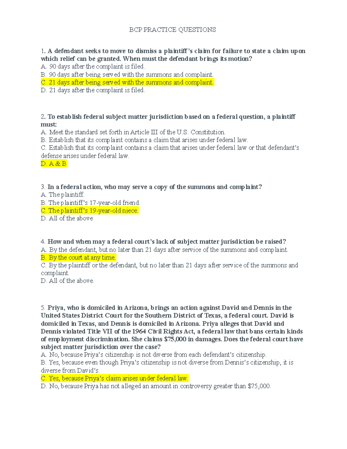 BCP Multiple Choice Answer Key - BCP PRACTICE QUESTIONS A defendant ...
