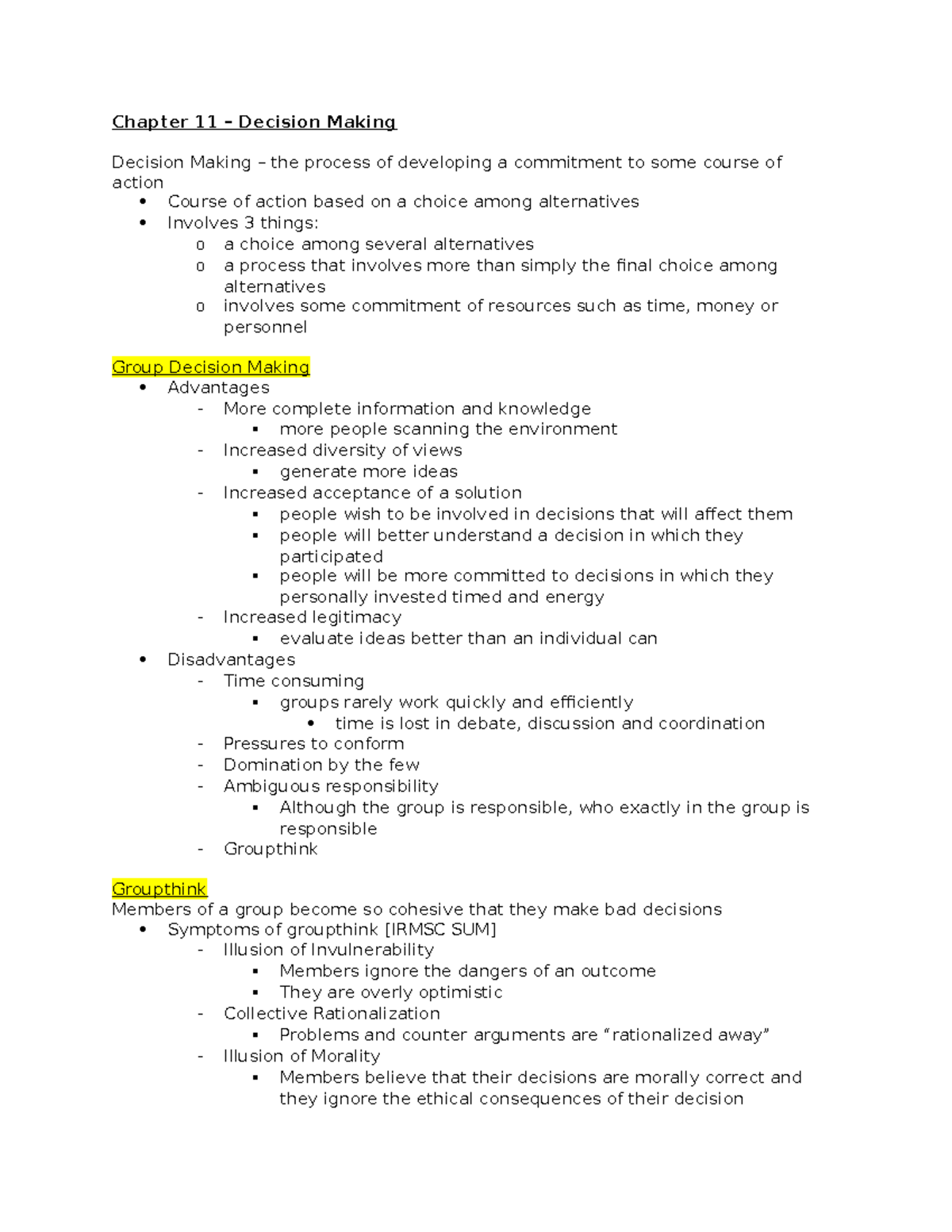 OB notes-5 - OB notes part 5 - Chapter 11 – Decision Making Decision ...