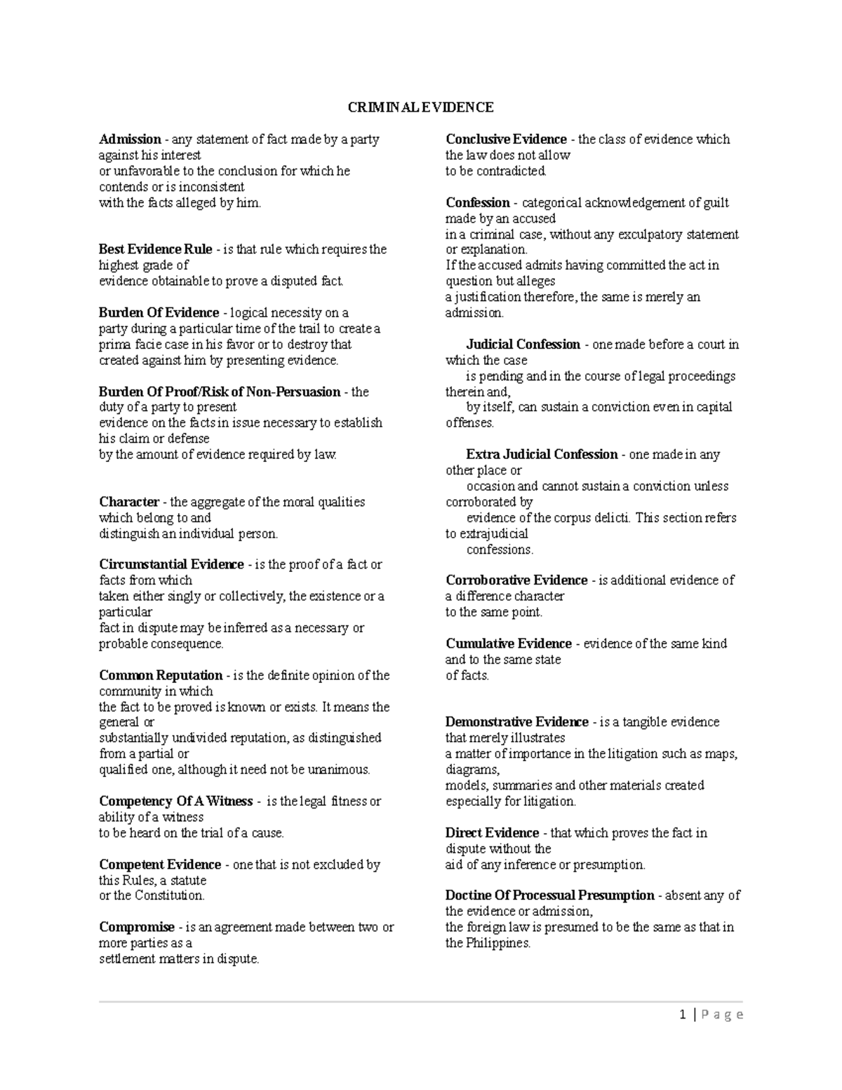 Criminal- Evidence - review - CRIMINAL EVIDENCE Admission - any ...