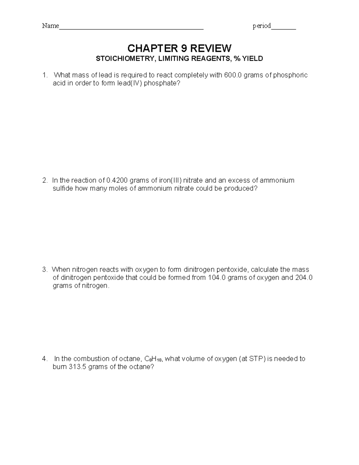 Chapter 9 Review Stoichiometry - CHAPTER 9 REVIEW STOICHIOMETRY ...