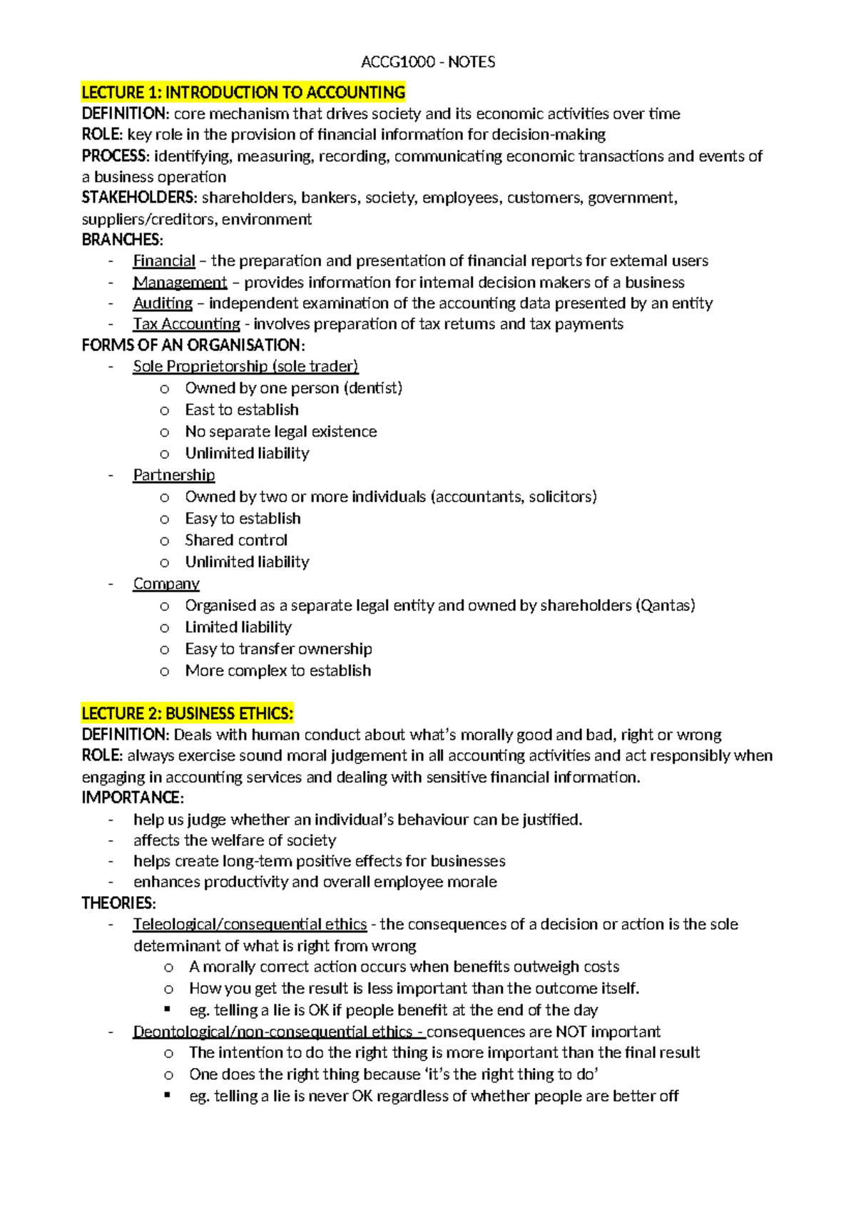 ACCG1000 - EXAM Notes - LECTURE 1: INTRODUCTION TO ACCOUNTING ...