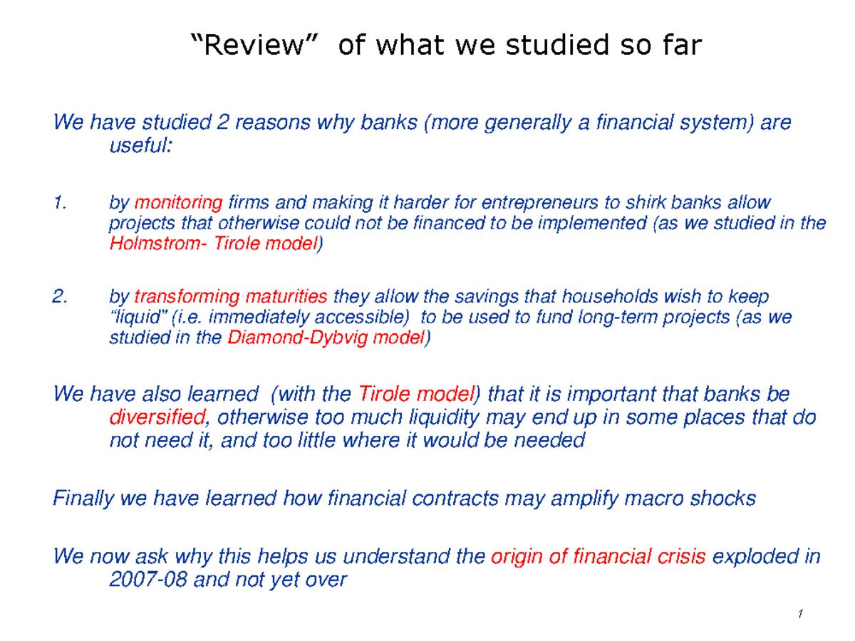 Lecture Notes, Lecture Financial Crisis - Spring 2014 - Of What We ...