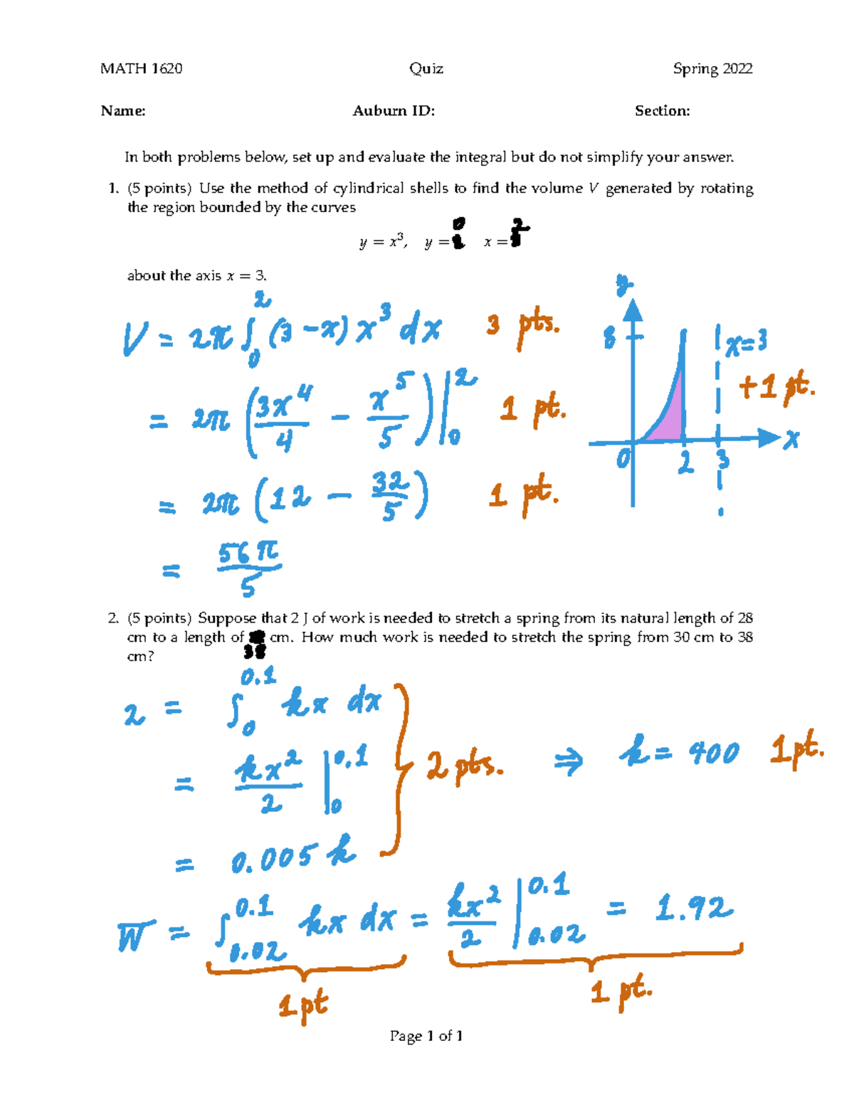 Quiz Example with Solutions - MATH 1620 Quiz Spring 2022 Name: Auburn ...
