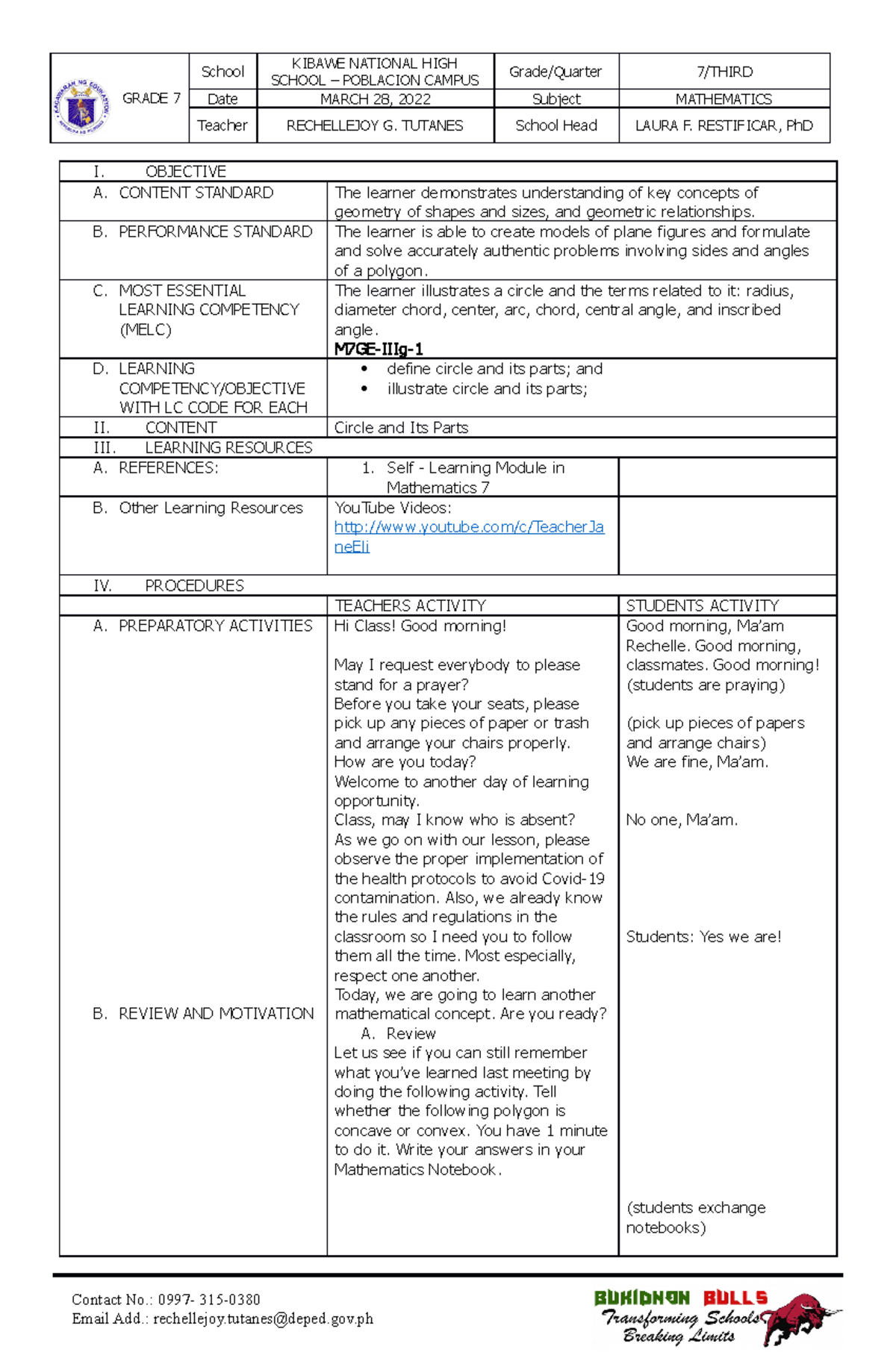 Circle and Its Parts - Sample Lesson Plan - GRADE 7 SCHOOL – POBLACION ...