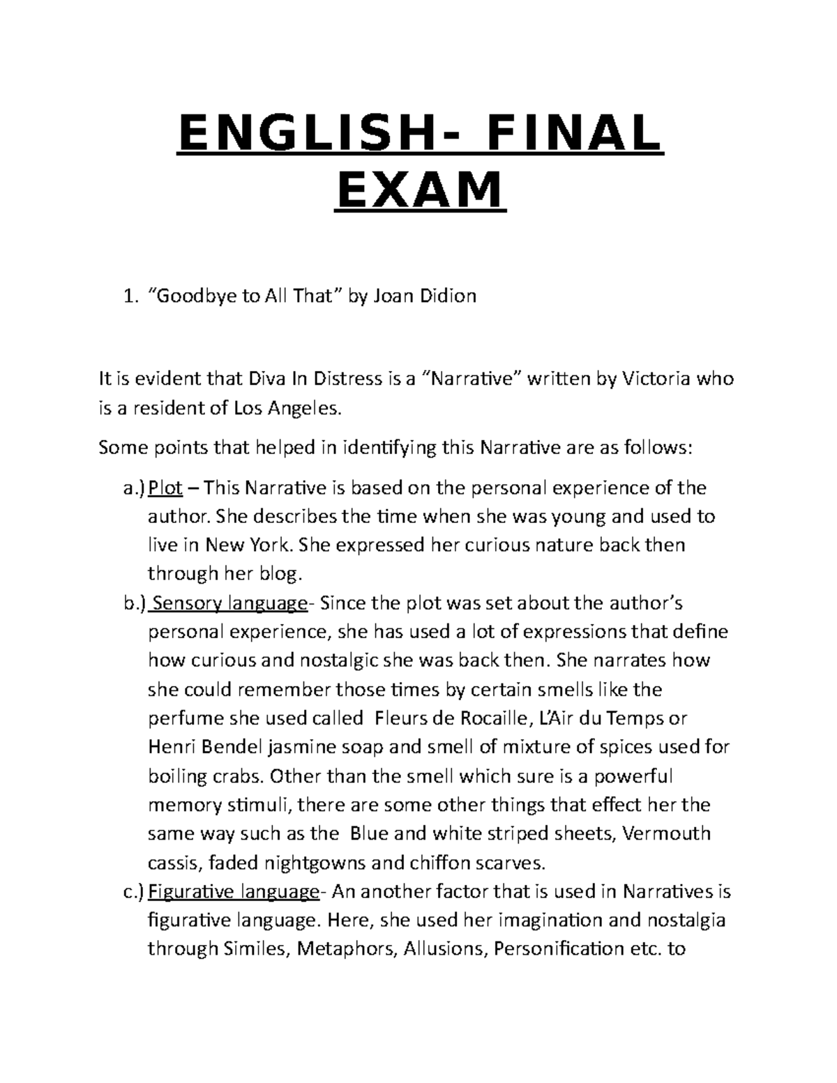 Engexamfinal - Final Exam Of English 101 - ENGLISH- FINAL EXAM “Goodbye ...