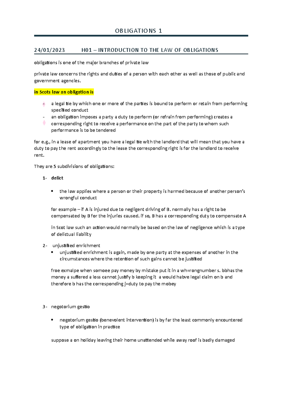 Obligations 1 - lecture notes 1 - OBLIGATIONS 1 24/01/2023 H01 ...