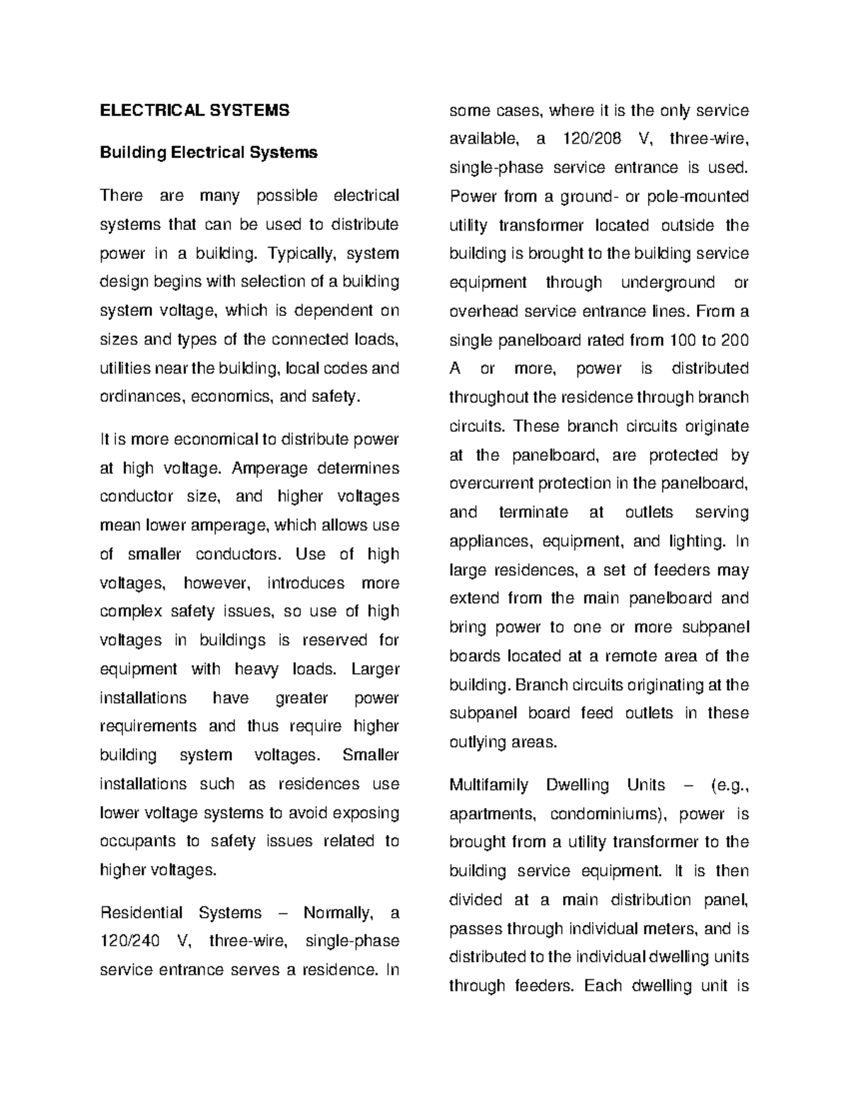 Electrical Systems ELECTRICAL SYSTEMS Building Electrical Systems