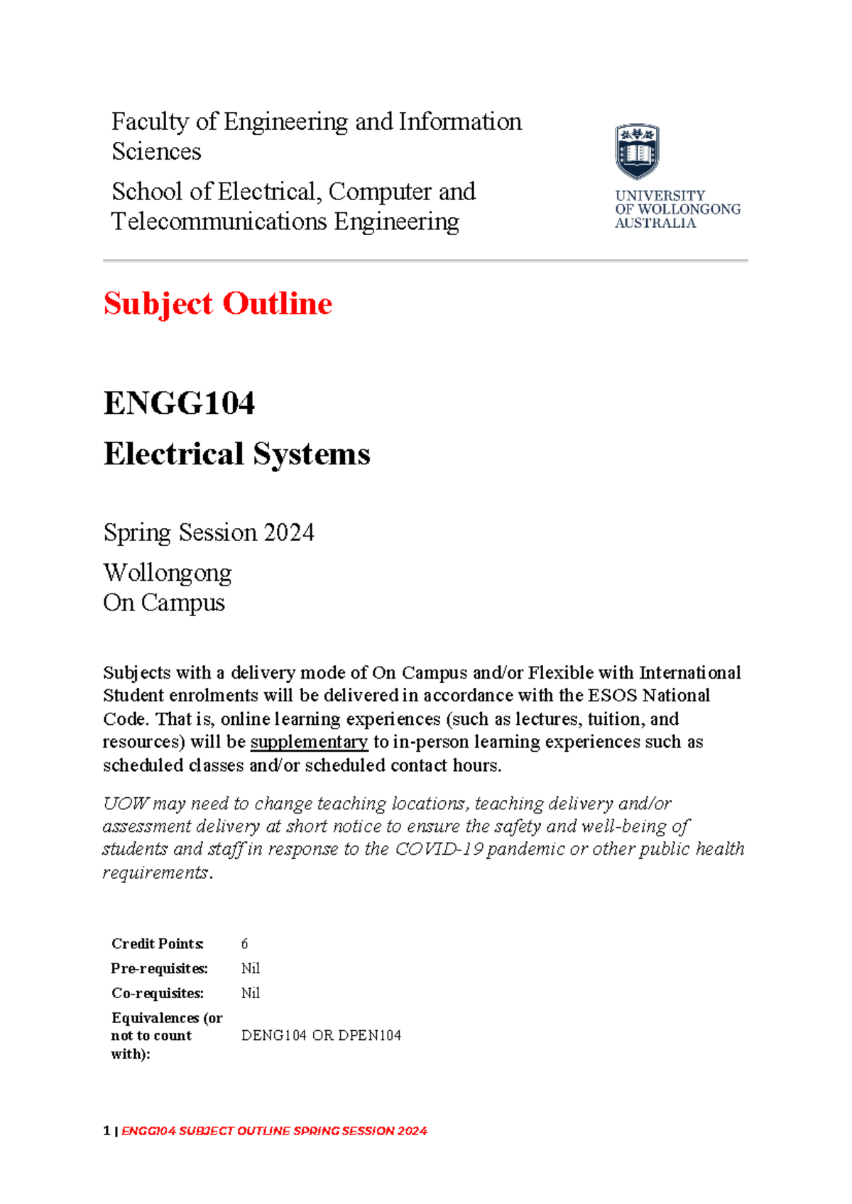 Electrical Systems Subject Outline - Faculty of Engineering and ...