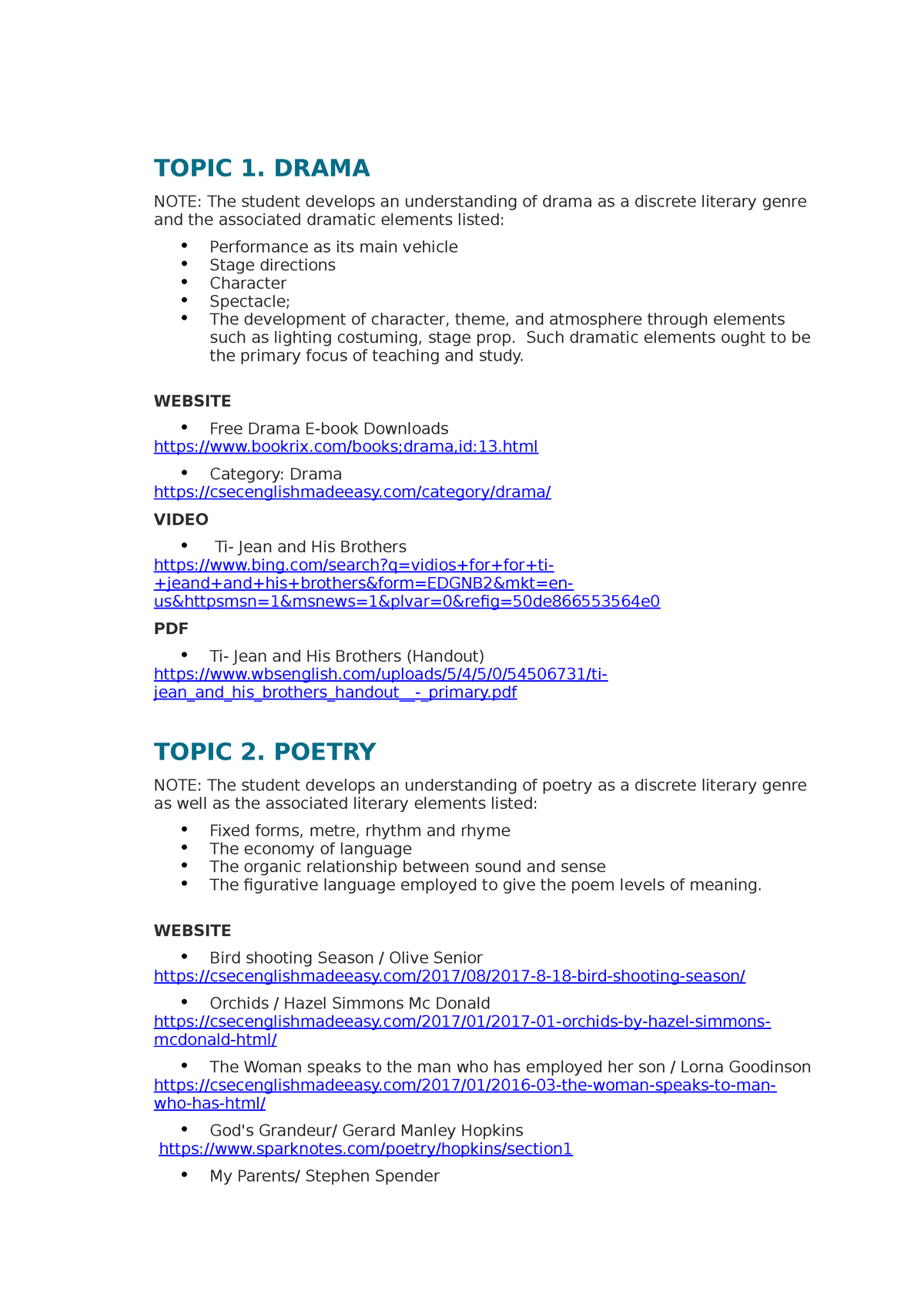 CSEC English B - Recommended Resources - TOPIC 1. DRAMA NOTE: The ...