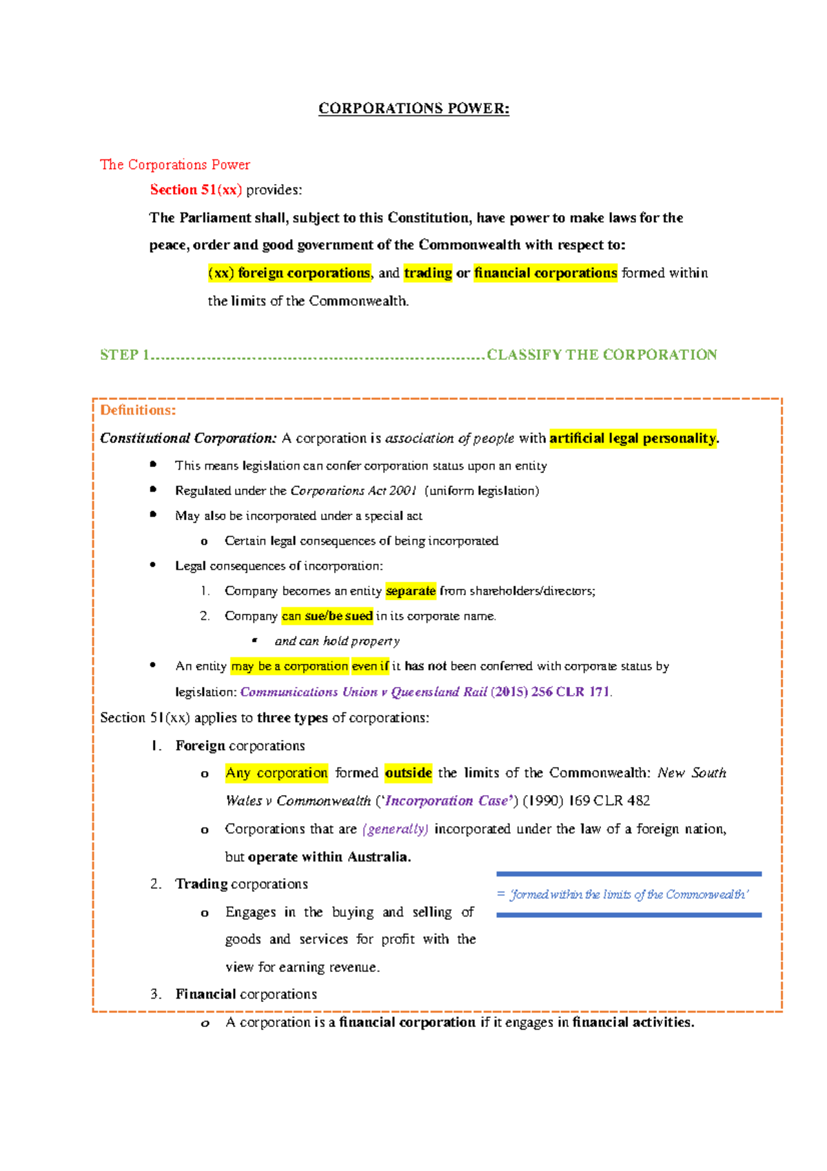 4 Corporations Power Answer Guide Summary Formed Within The Limits Of The Commonwealth Studocu