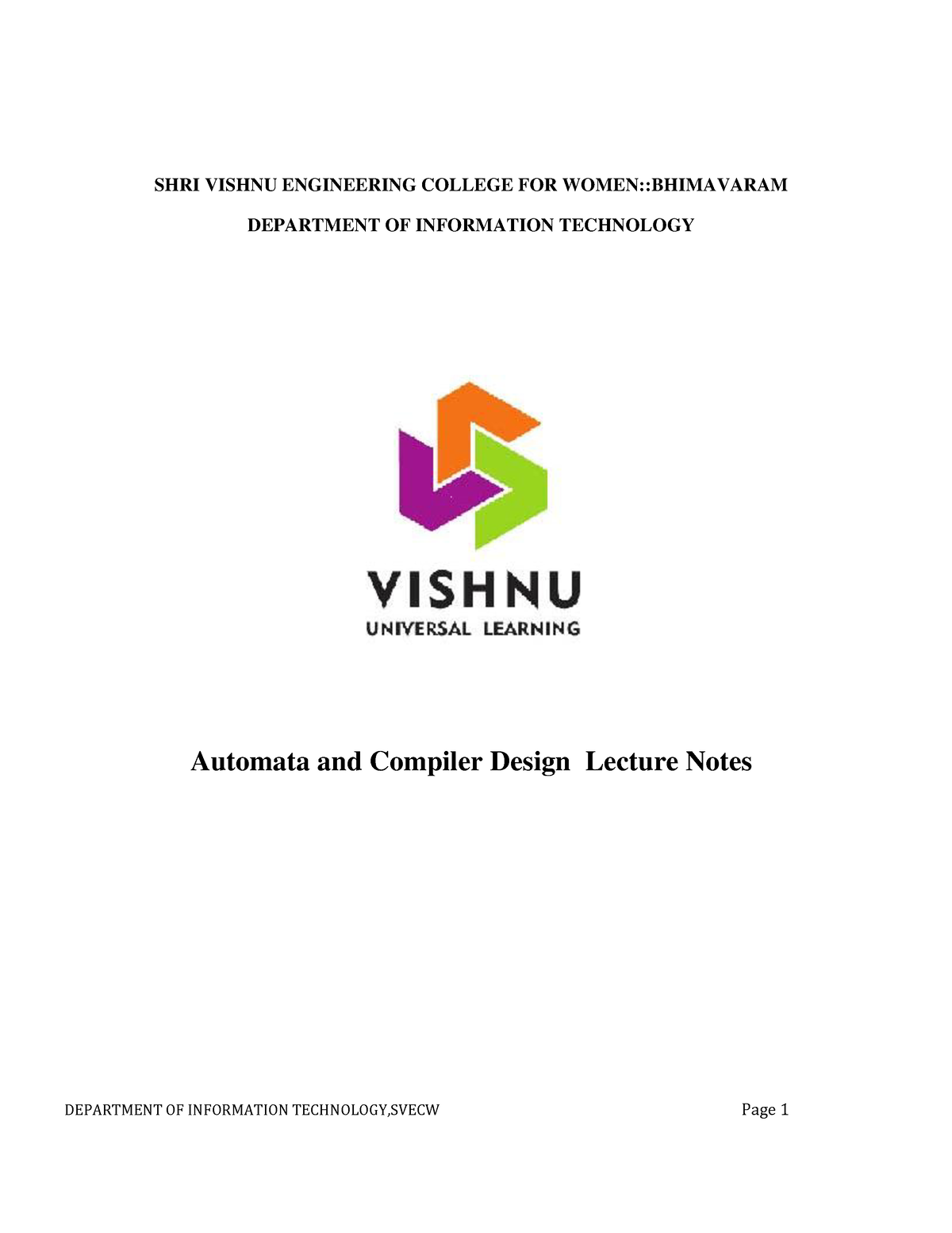 Automata And Compiler Design Lecture Notes 8513058801 - SHRI VISHNU ...