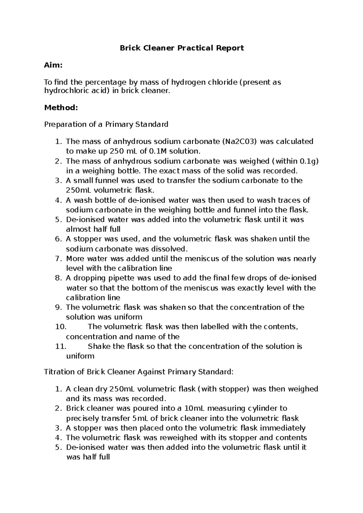 Brick Cleaner Report - Brick Cleaner Practical Report Aim: To find the ...
