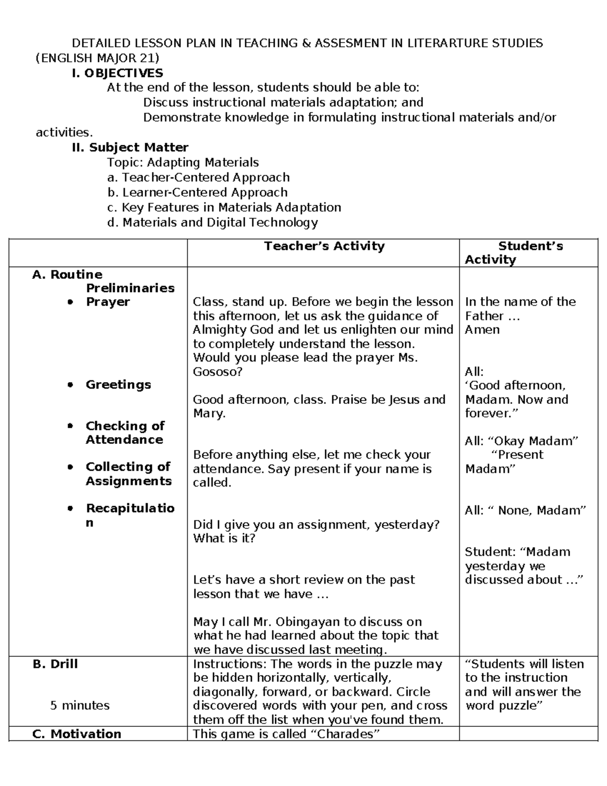 Detailed Lesson PLAN 1 - Pattern - DETAILED LESSON PLAN IN TEACHING ...
