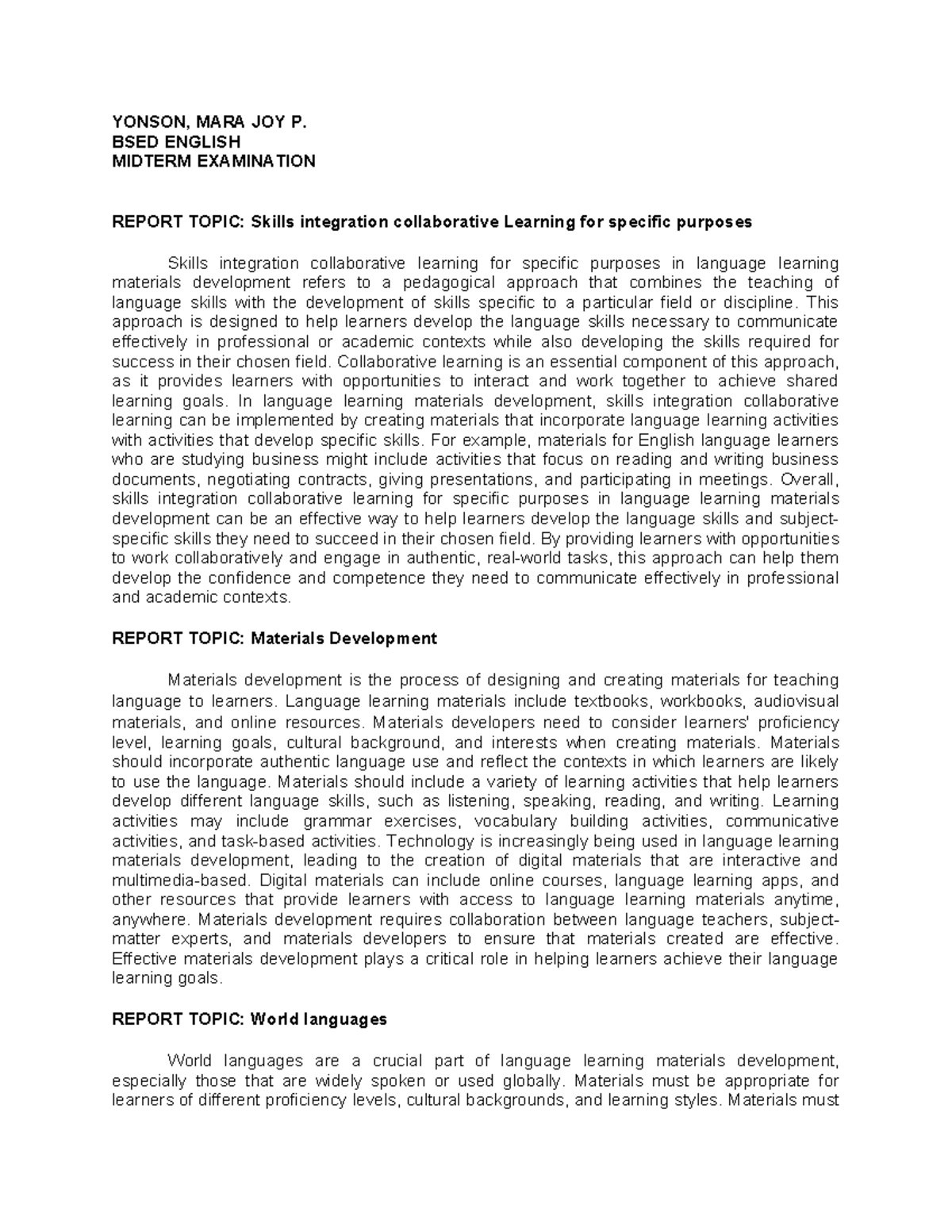 Yonson Midterm Examination - YONSON, MARA JOY P. BSED ENGLISH MIDTERM ...