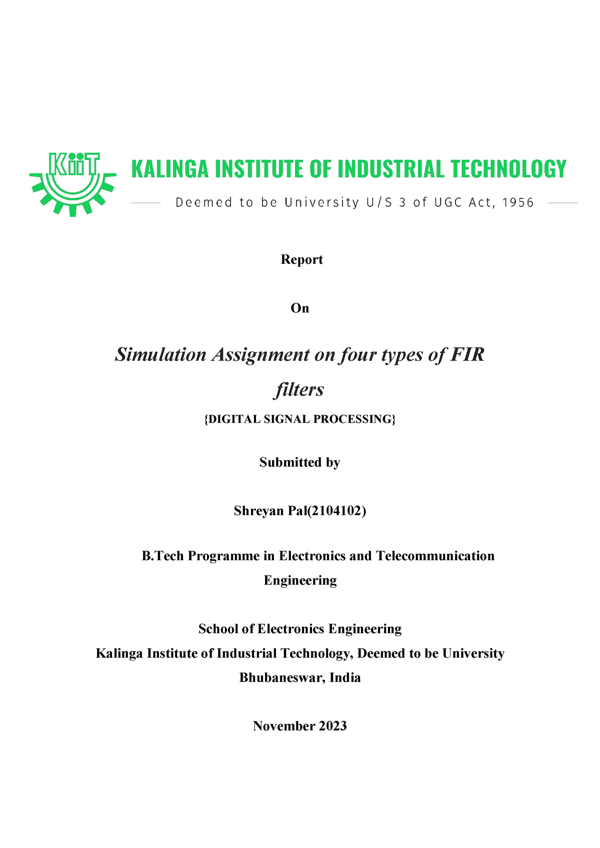 DSP FIR Filter Assignment - Report On Simulation Assignment on four ...