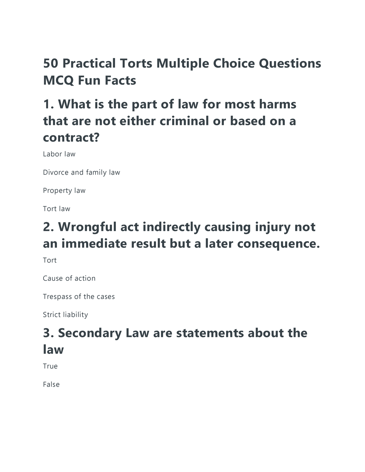 50 Practice Questions ON Torts - 50 Practical Torts Multiple Choice ...