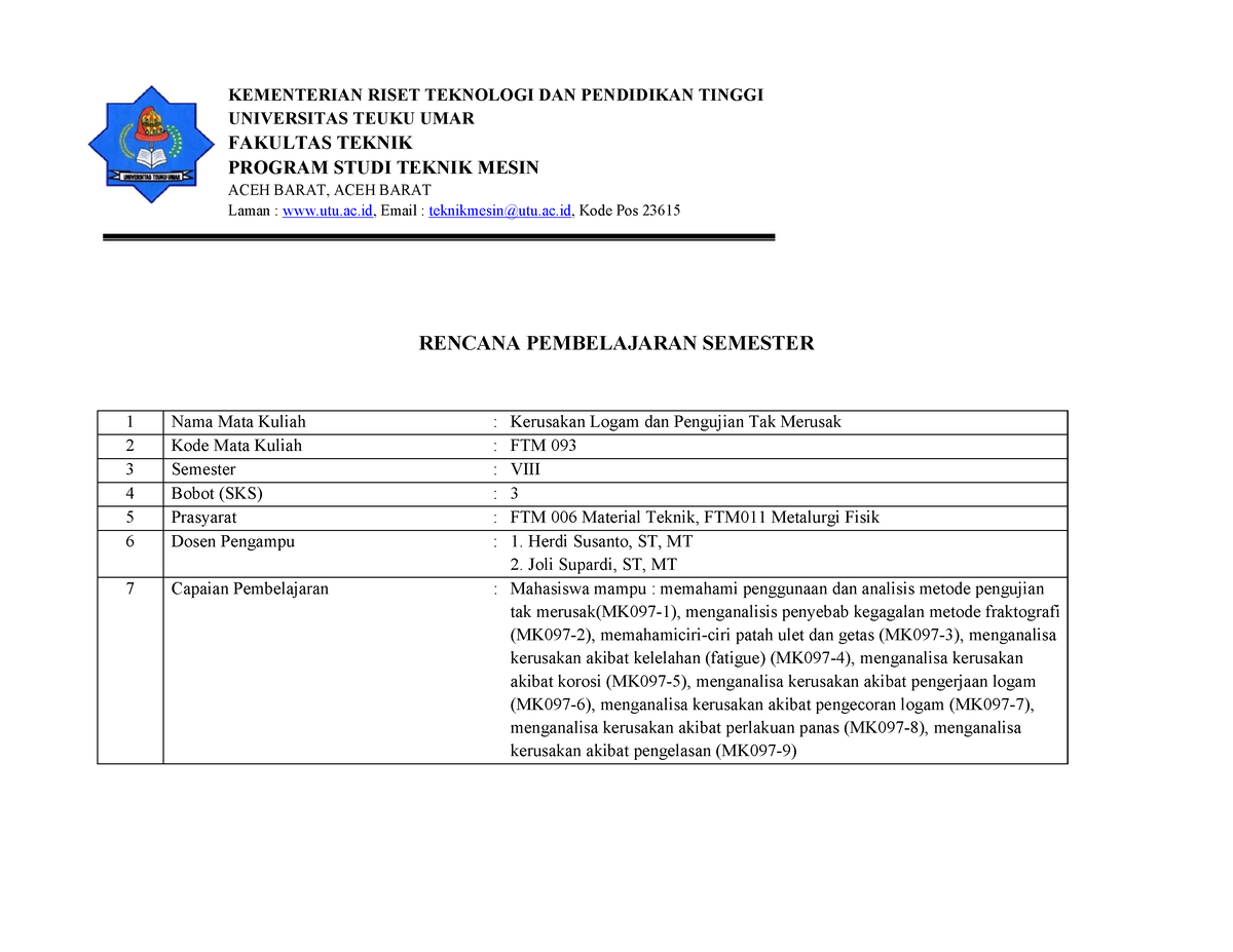 Rencana Pembelajaran Semester - KEMENTERIAN RISET TEKNOLOGI DAN ...