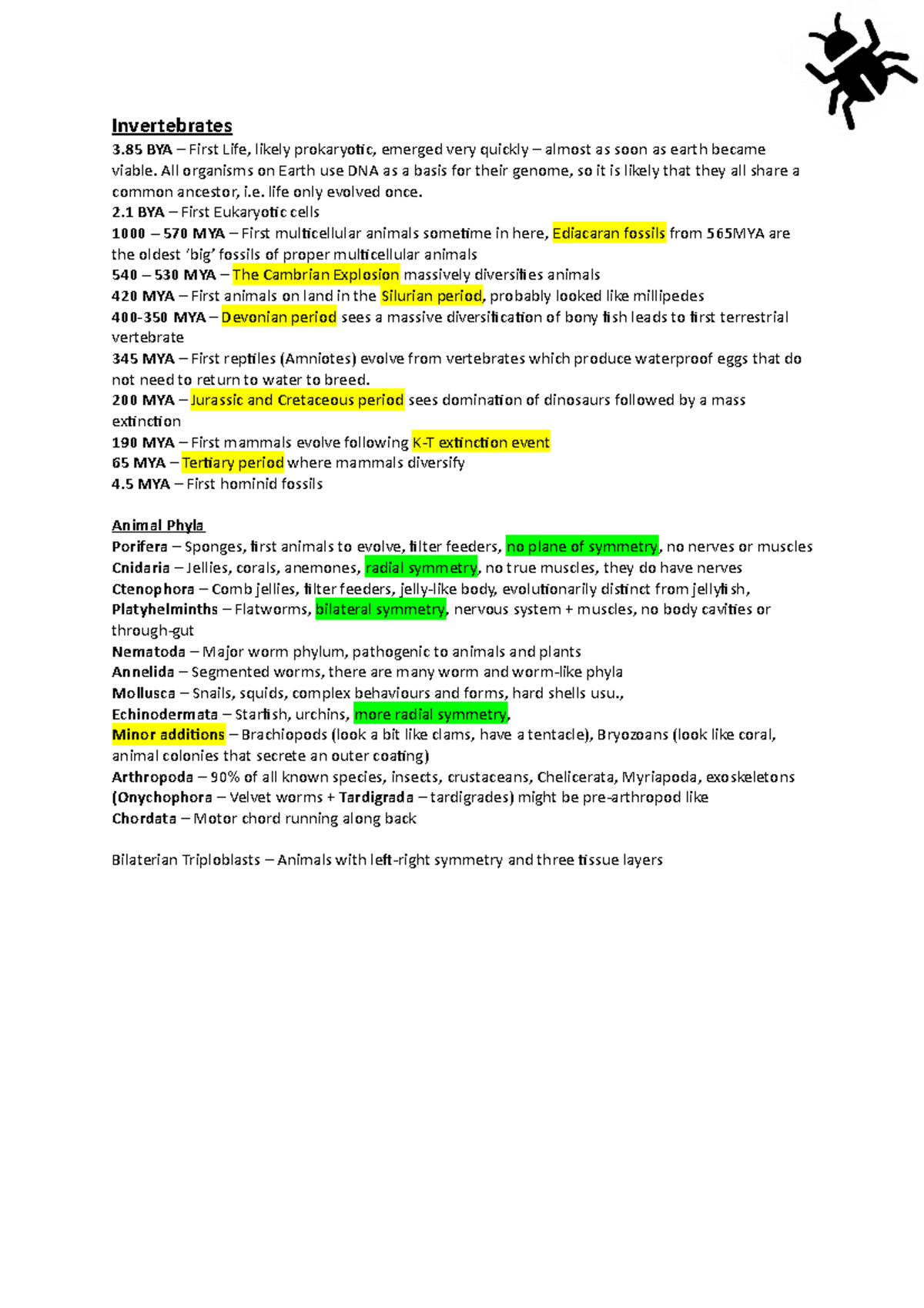 04 - Invertebrates - Lecture notes 4 - Invertebrates 3 BYA – First Life ...